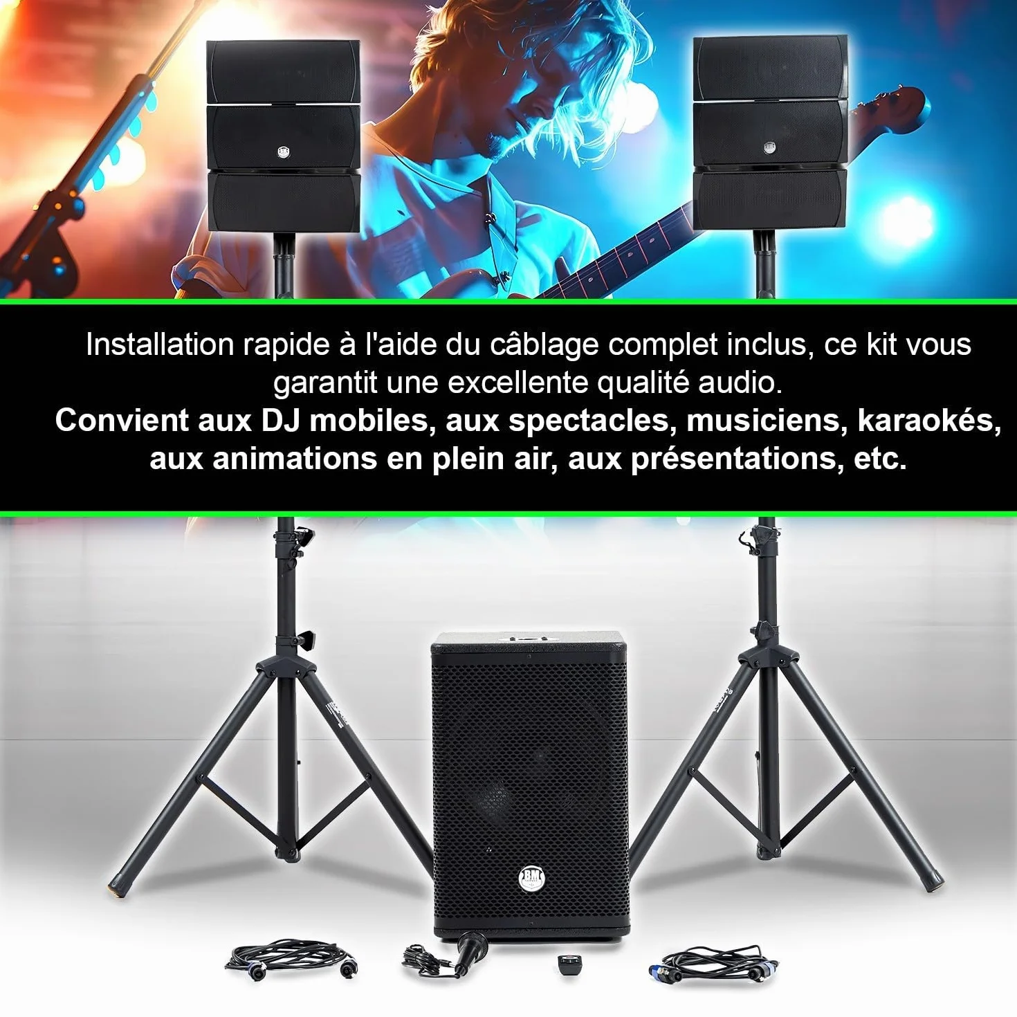 BM Bmsonic BMS-12-ARRAY-BT MKII Pack Sonorisation DJ Complet 1000W Enceintes Sat Caisson 31cm USB Bluetooth