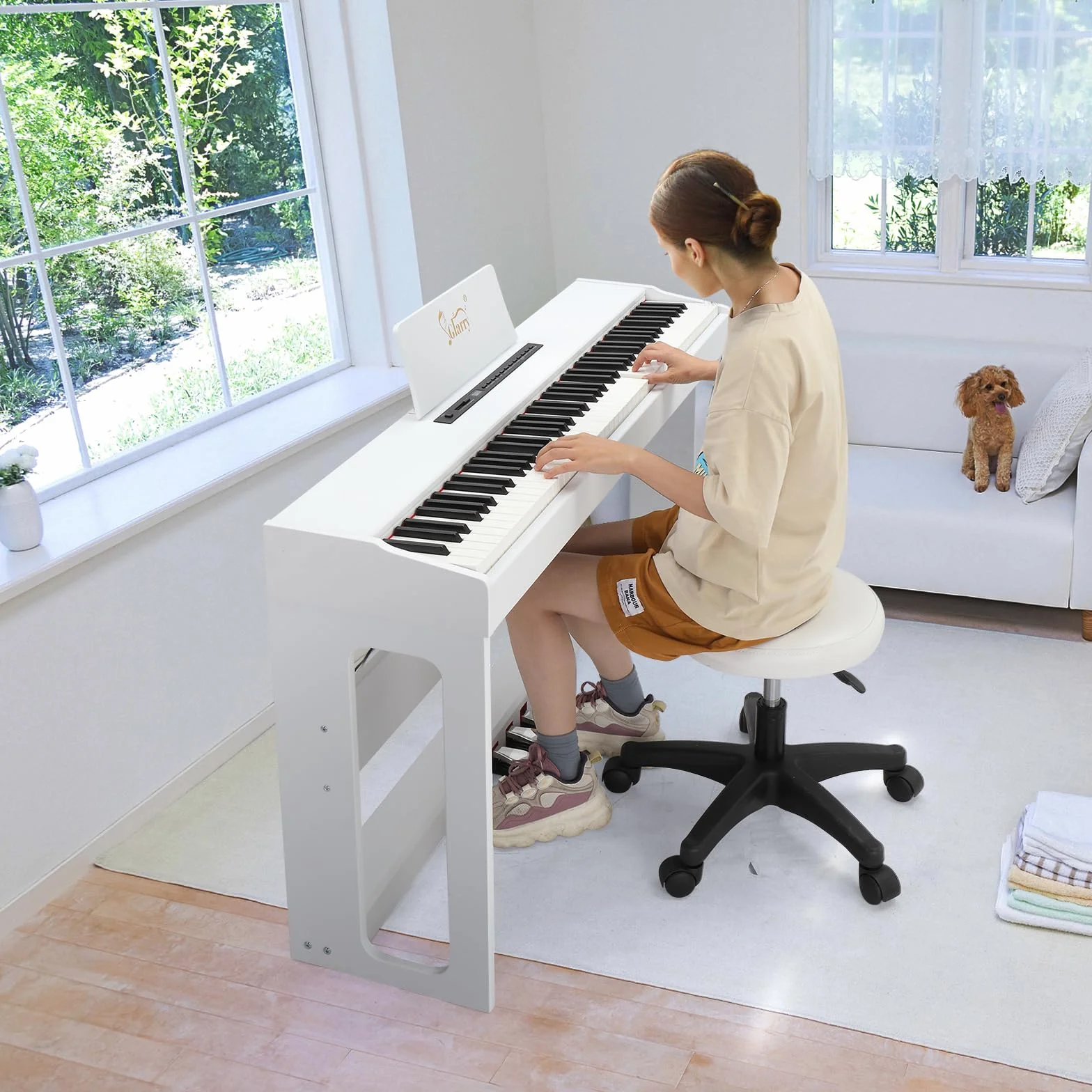 Piano Numérique 88 Touches Pondérées Glarry Domicile avec MIDI-USB, Bluetooth, Haut-Parleurs Stéréo, Action du Marteau, Clavier Fullsize Blanc