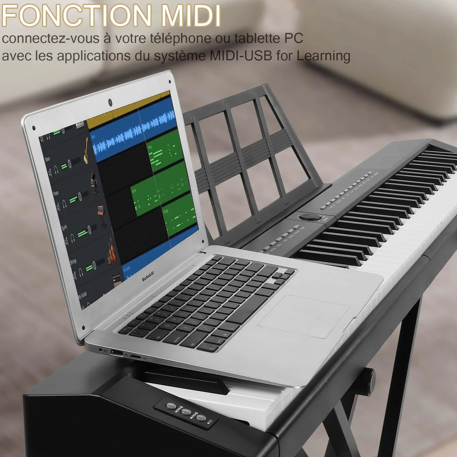 LEADZM Piano Numérique Semi-Marteau 88 Touches, Clavier Électronique avec Pédale Sustain, MIDI, Pupitre, Écouteurs Noir