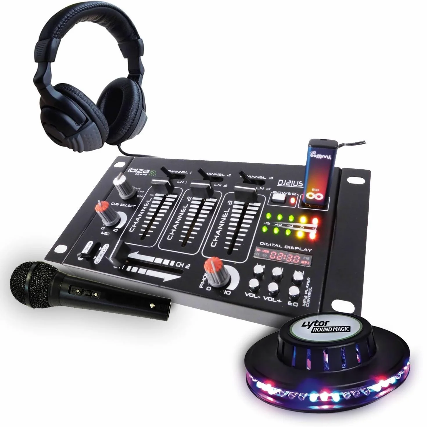 Kit table de mixage avec casque micro noir et jeu de lumière UFO