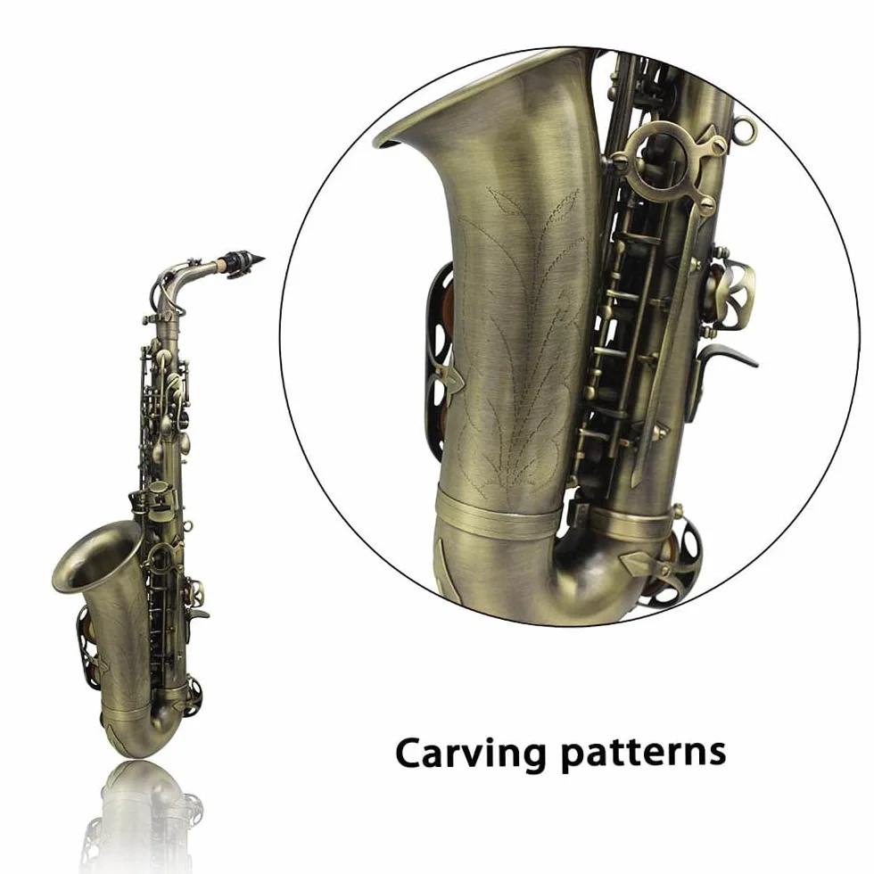 Saxophone Alto Btuty en Mi Bémol Finition Antique Haute Courbée Clé Sculptée Avec Étui Gants Chiffon Sangles Brosse