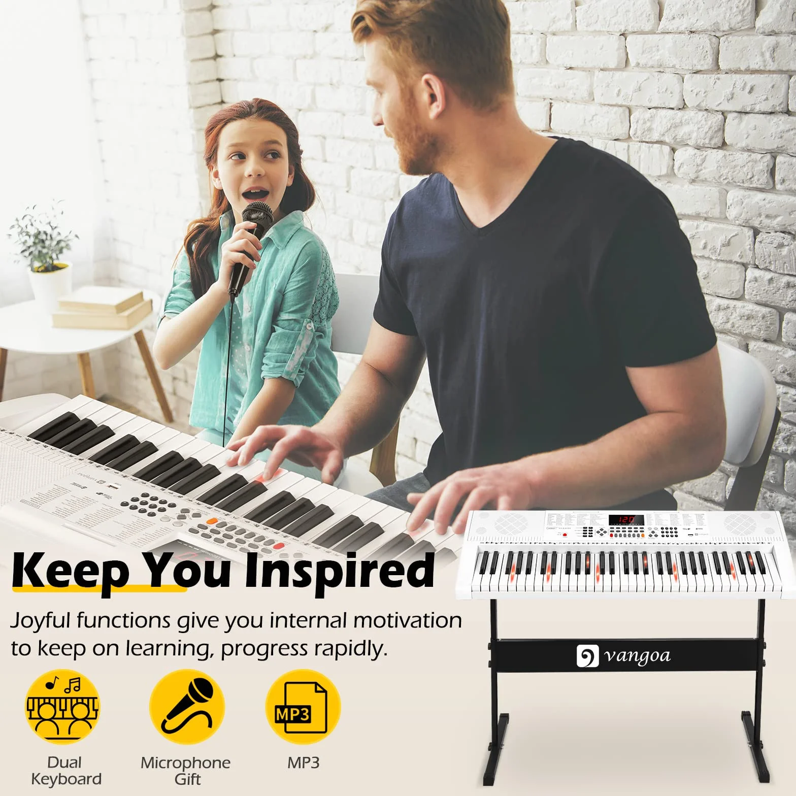 Vangoa Clavier Électronique 61 Touches Lumineuses avec Support Piano, Microphone, 600 Timbres, 400 Rythmes