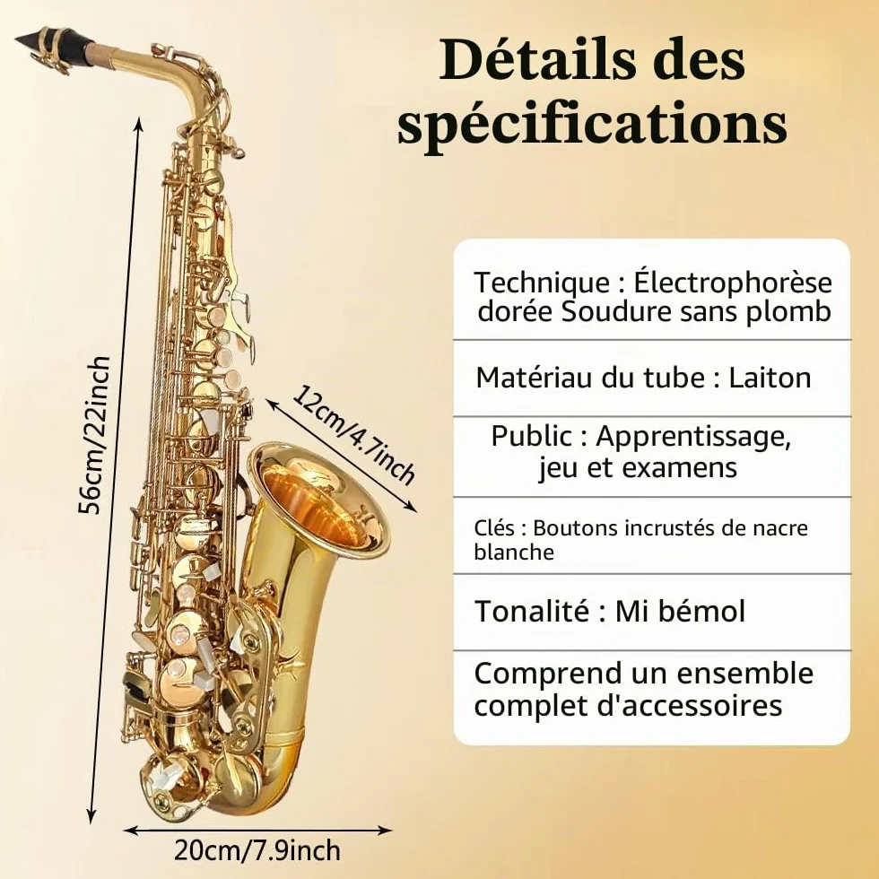 Saxophone Alto Mi Bémol pour débutants adultes kit complet avec étui rigide et accessoires