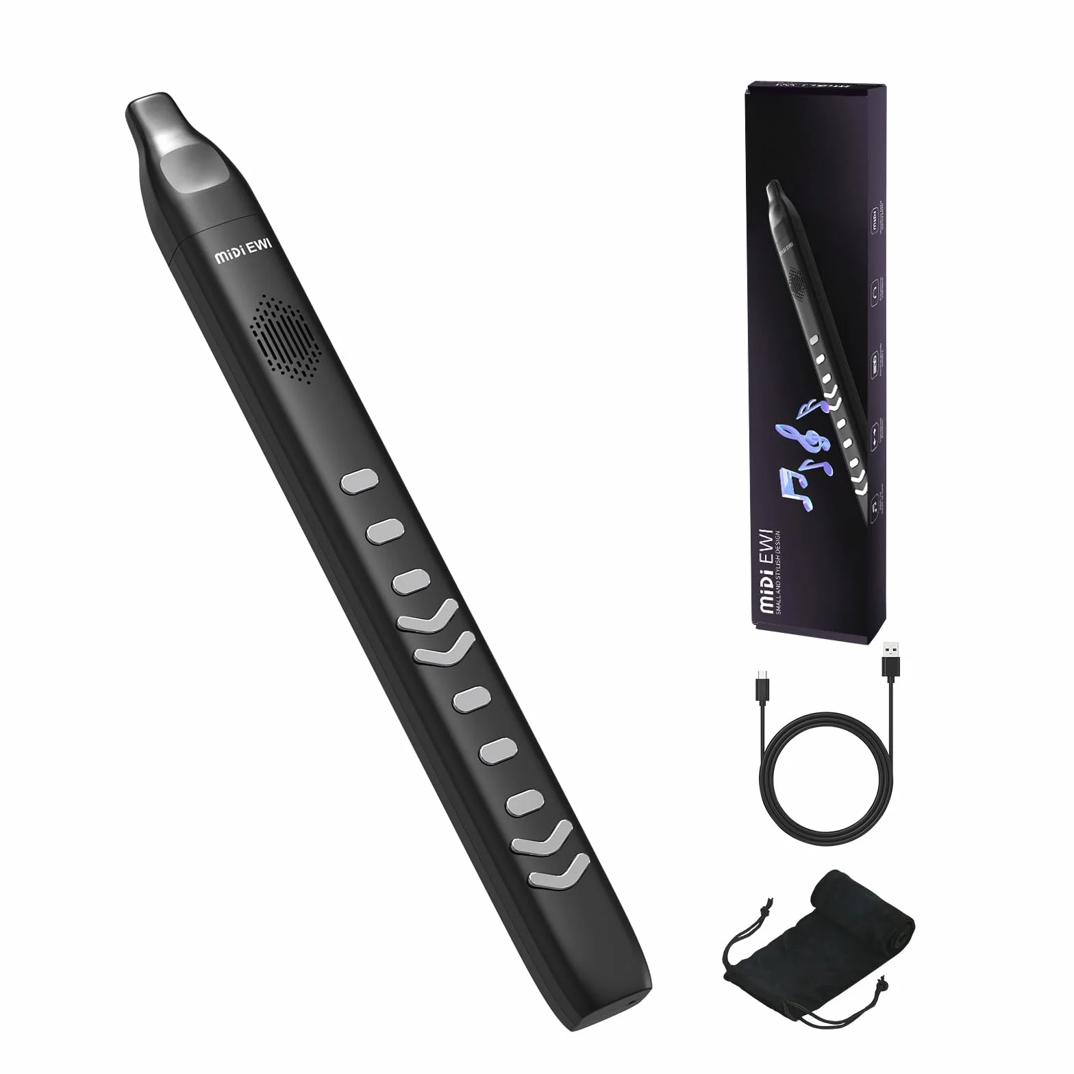 Instrument à soufflage numérique noir Bluetooth MIDI électronique avec câble d'alimentation