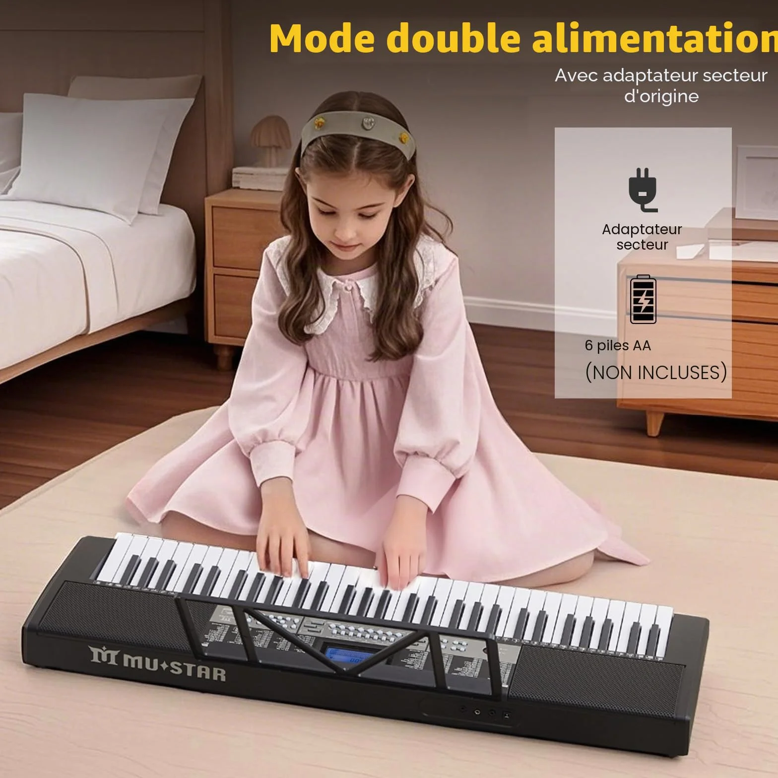 MUSTAR Piano à clavier lumineux 61 touches, clavier numérique pour débutants avec support, tabouret, casque (Noir)