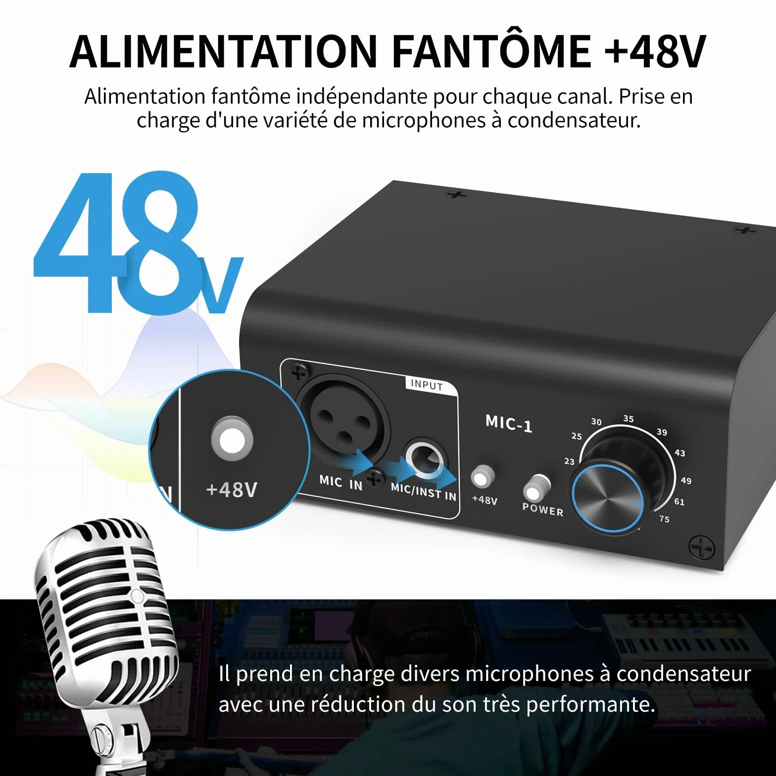 XTUGA XIC1 Préampli micro 2 entrées 75db Gain 48V Phantom Power XLR