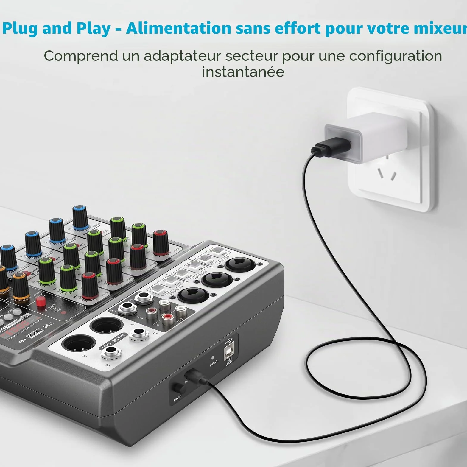Aveek Console de mixage sonore 5 canaux USB Bluetooth Effets Réverbération delay Alimentation Fantôme 48V Mixeur DJ Stéréo