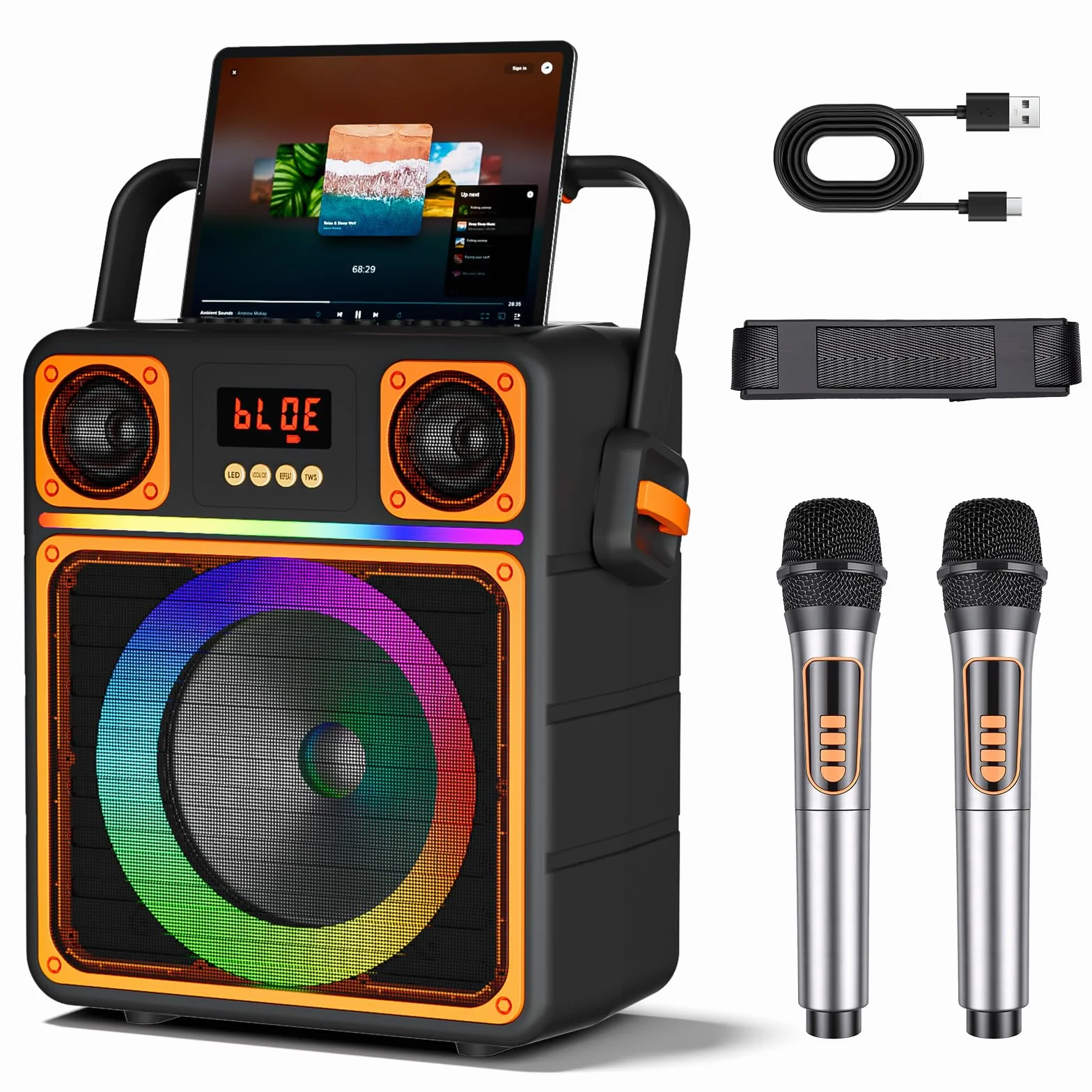Machine de Karaoké Bluetooth Portable avec 2 Microphones Sans Fil, Haut-Parleur avec Lumières Disco, Supporte TWS/FM/AUX/USB/TF