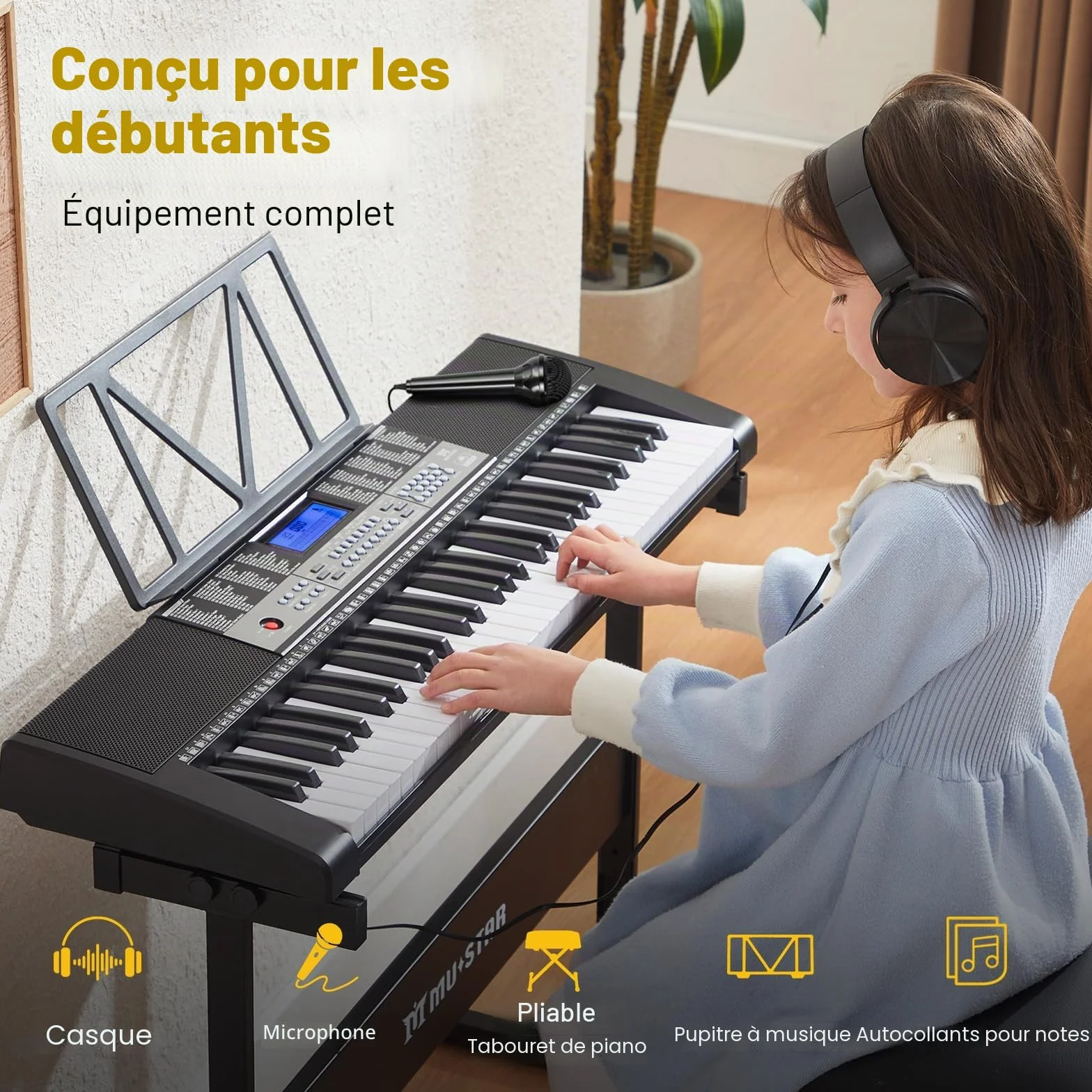 MUSTAR Piano à clavier lumineux 61 touches, clavier numérique pour débutants avec support, tabouret, casque (Noir)