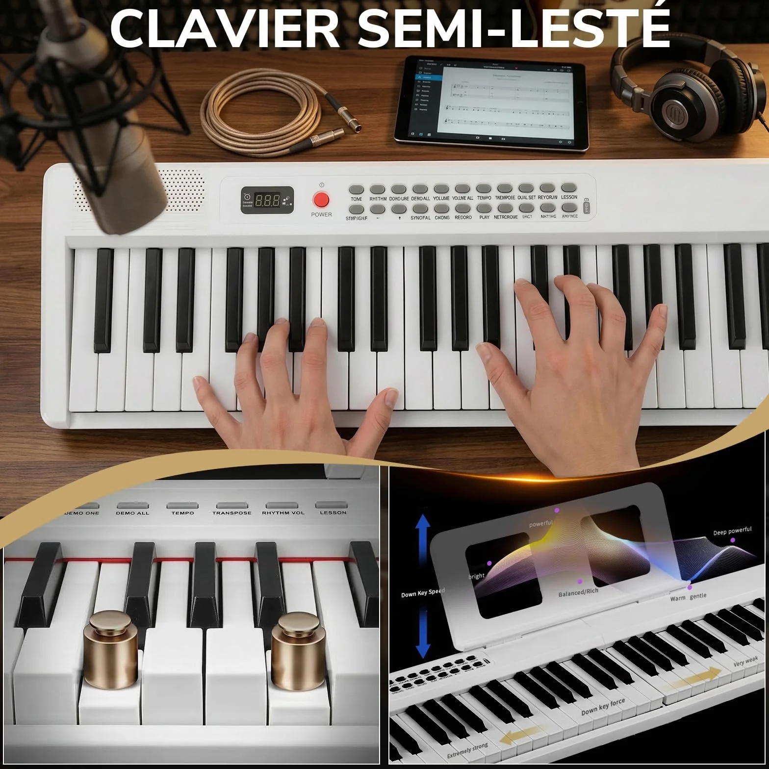 LEADZM Piano Numérique Pliable 88 Touches Semi-Lesté, 2 Modes Bluetooth, 1000 Rythmes, 1000 Sonorités, 50 Démos (Blanc)