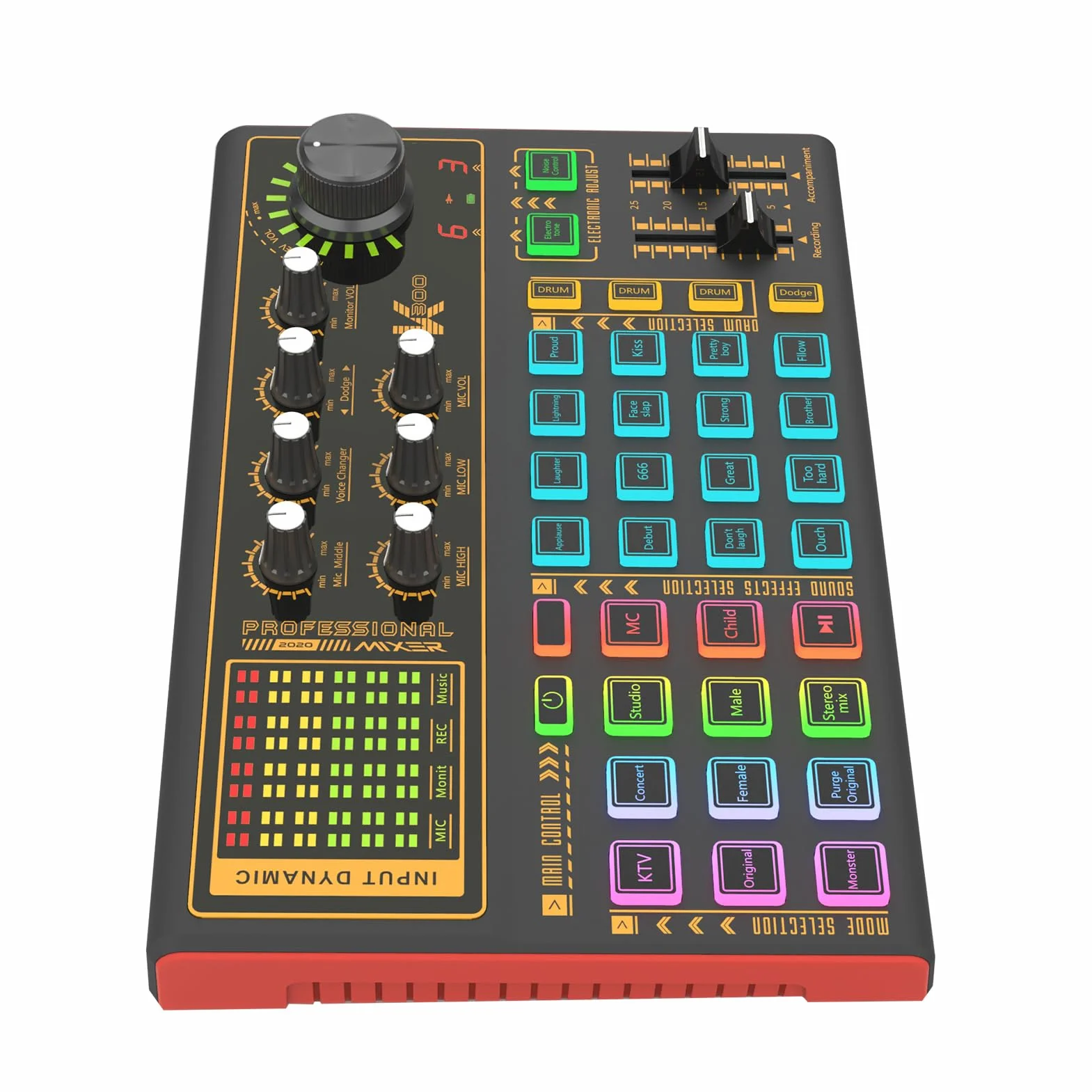 Docooler K300 Carte son DJ avec effets de mixage, modificateur de voix et lumière LED pour streaming