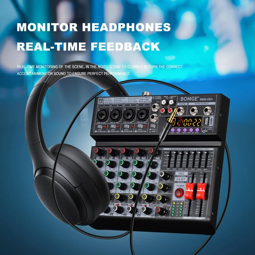 BOMGE Mixeur audio DJ professionnel 6 canaux 99 effets DSP égaliseur 7 bandes 48V Bluetooth USB enregistrement studio