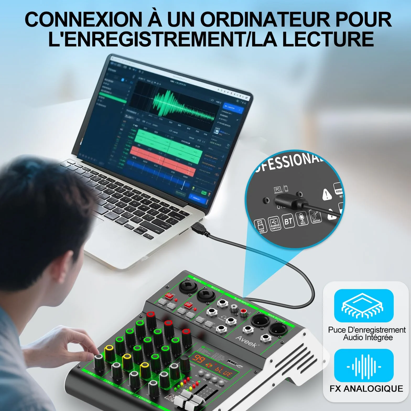 Aveek Table de Mixage Professionnelle 4 Canaux USB Bluetooth 48V Phantom Power 99 DSP Effect
