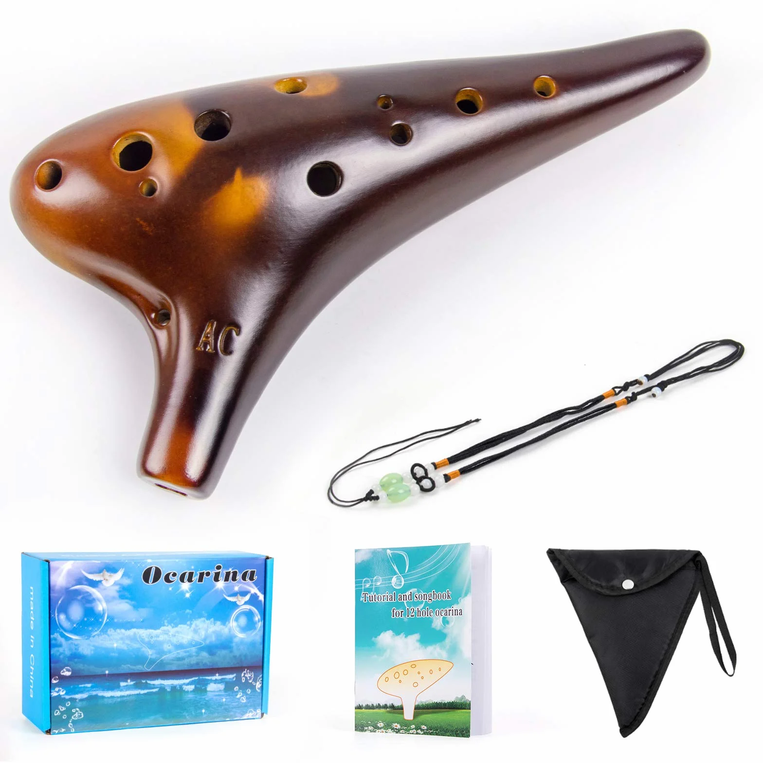 Ocarina 12 trous Alto C Céramique avec sac de transport et livre de musique (Marron)