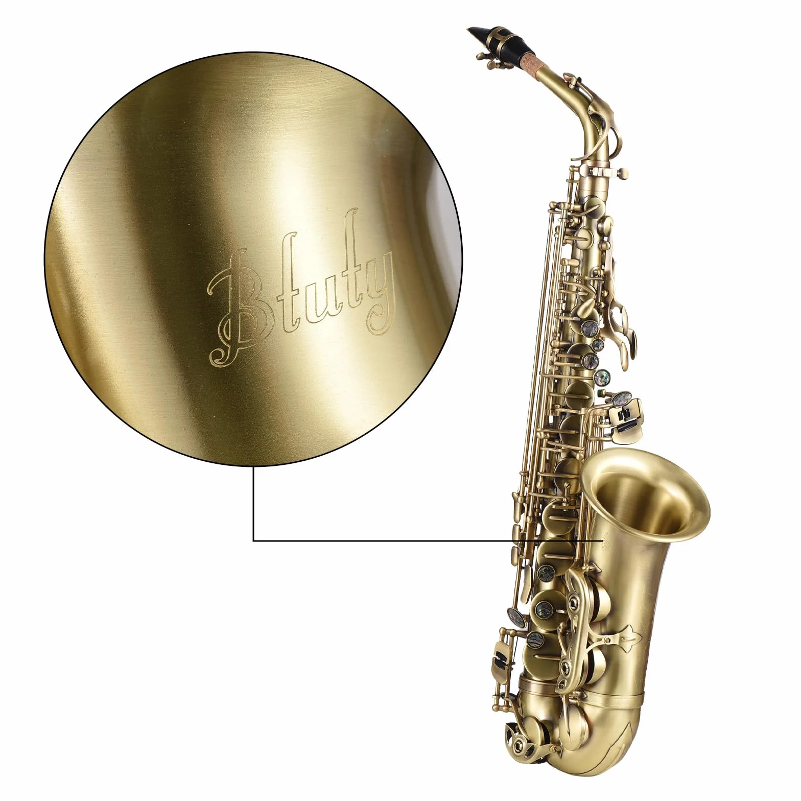 Saxophone Alto Btuty en Mi Bémol Finition Antique Haute Courbée Clé Sculptée Avec Étui Gants Chiffon Sangles Brosse