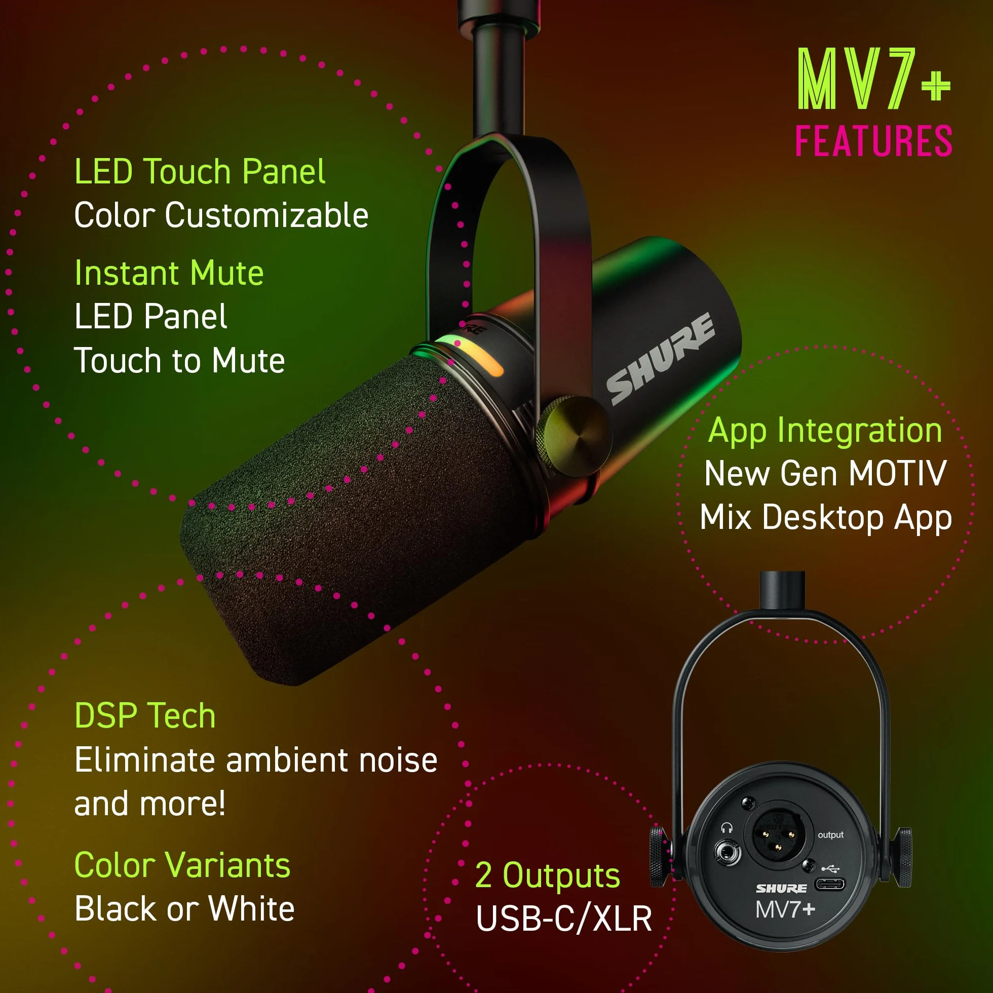 Shure MV7+ Microphone Podcast Audio LED USB-C XLR Auto Level Noir