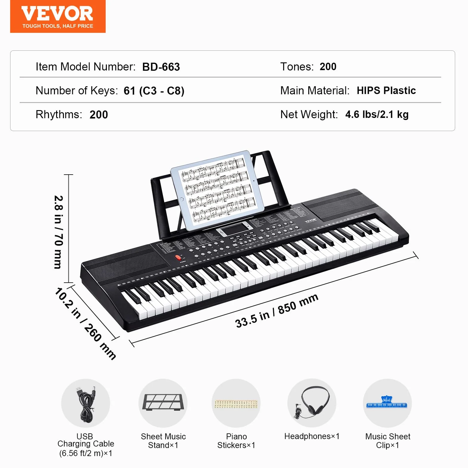 VEVOR Clavier Piano Numérique 61 Touches Portable 200 Tons 200 Rythmes Haut-parleurs Intégrés