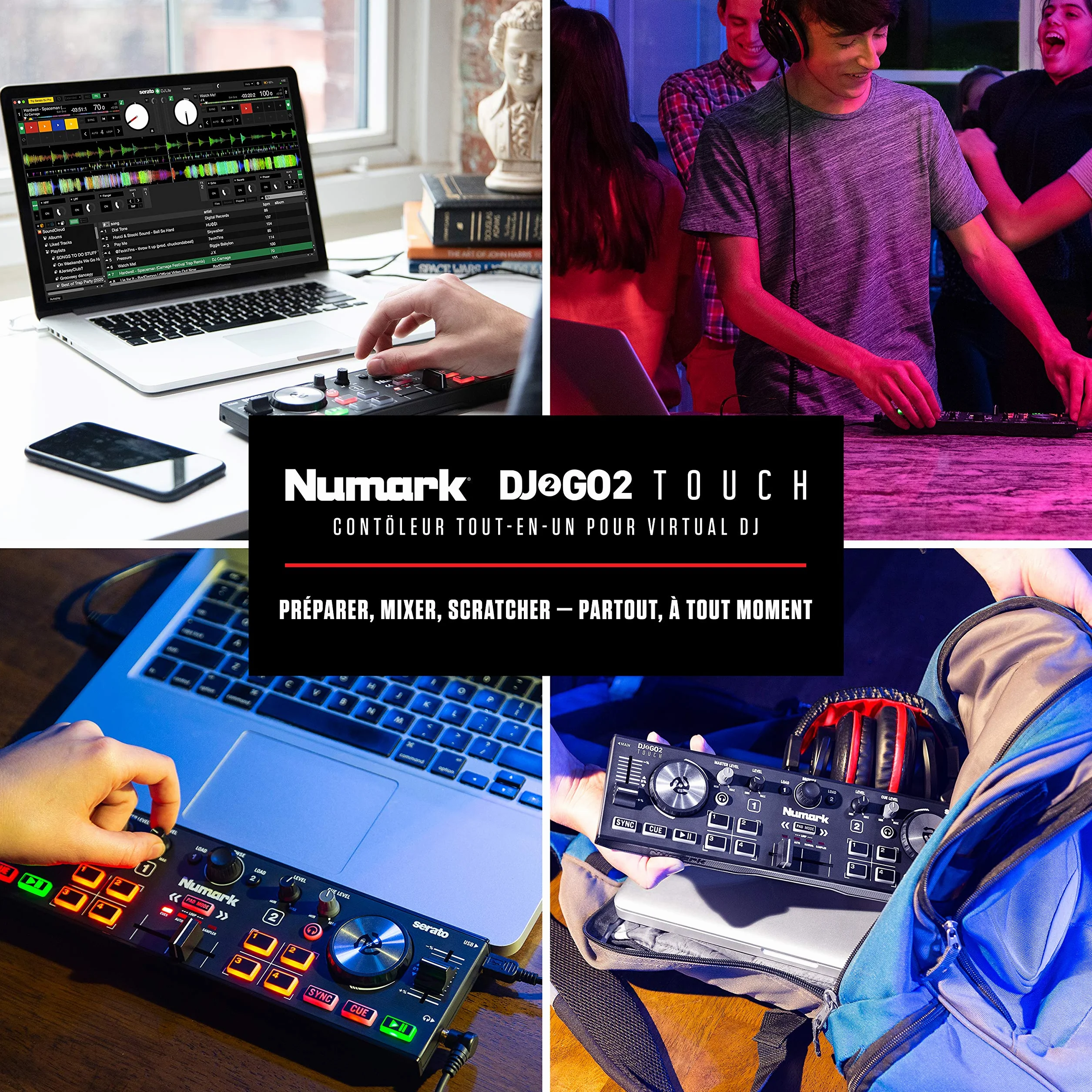 Numark DJ2GO2 Touch Contrôleur DJ 2 Canaux Portable avec Table de Mixage et Carte Son Intégrées et Platines Tactiles, Serato DJ Lite