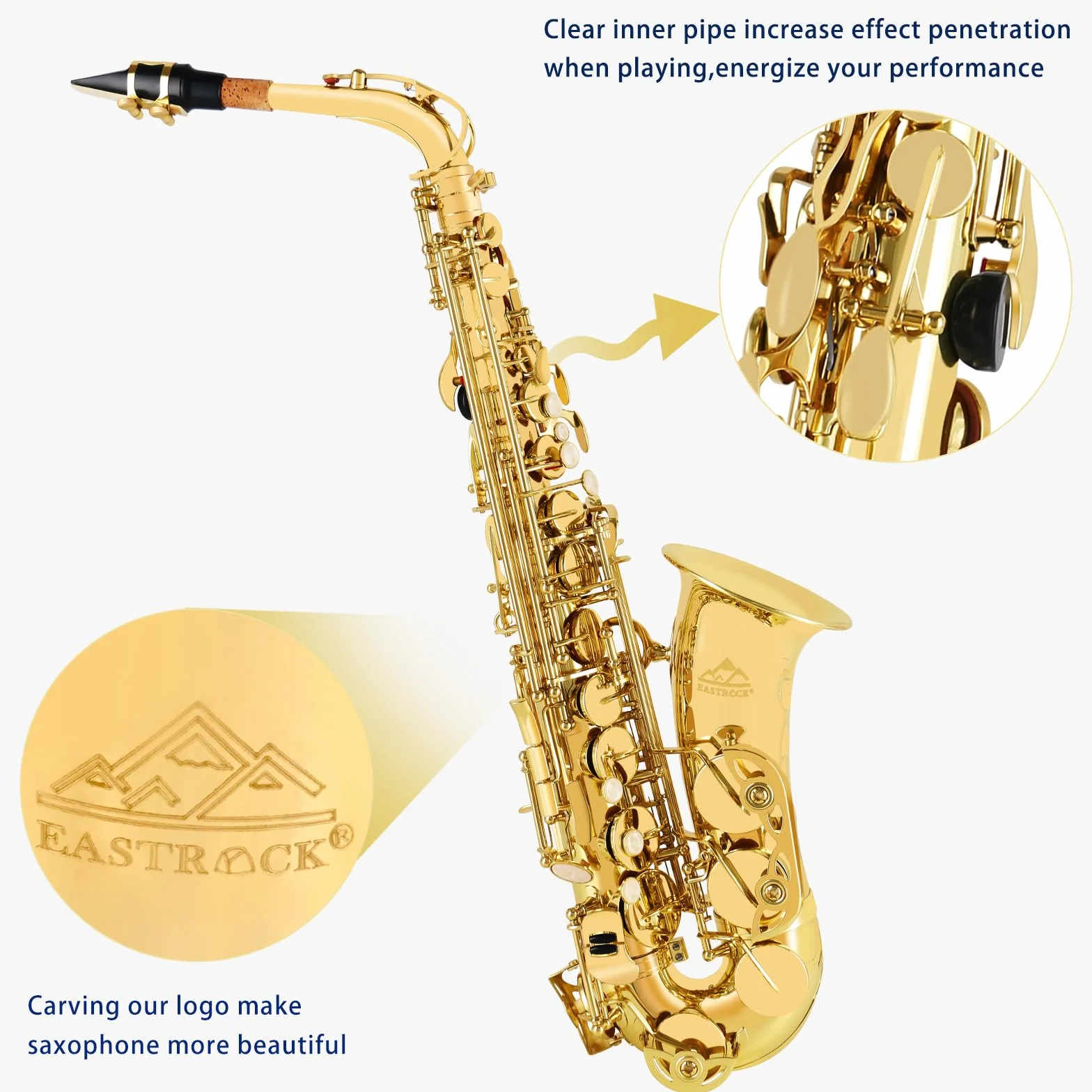 EASTROCK Saxophone Alto E Plat en Laiton Laqué Doré, Étui Rigide Inclus
