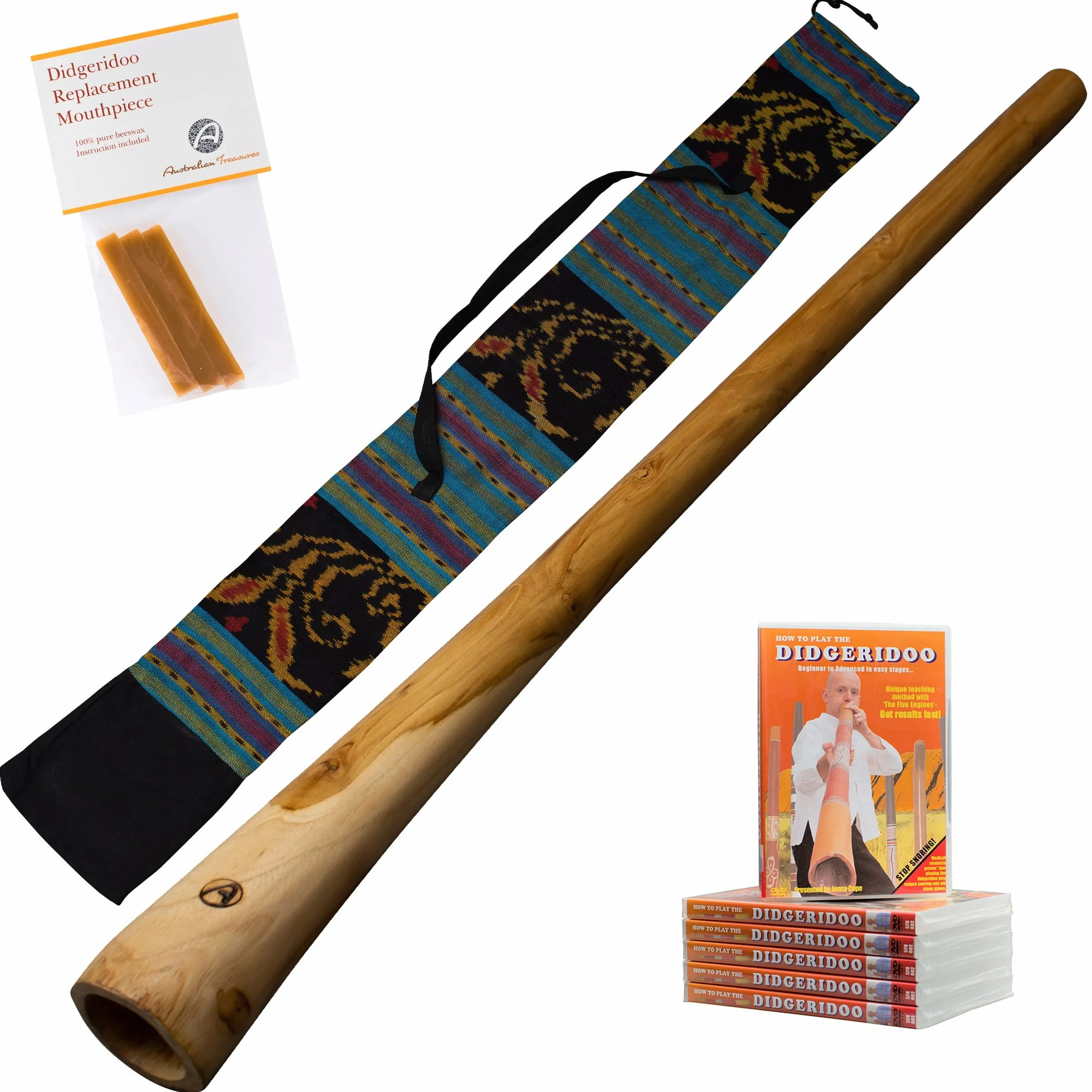 Didgeridoo 120cm z woskiem pszczelim i torbą ikat - zestaw do nauki gry