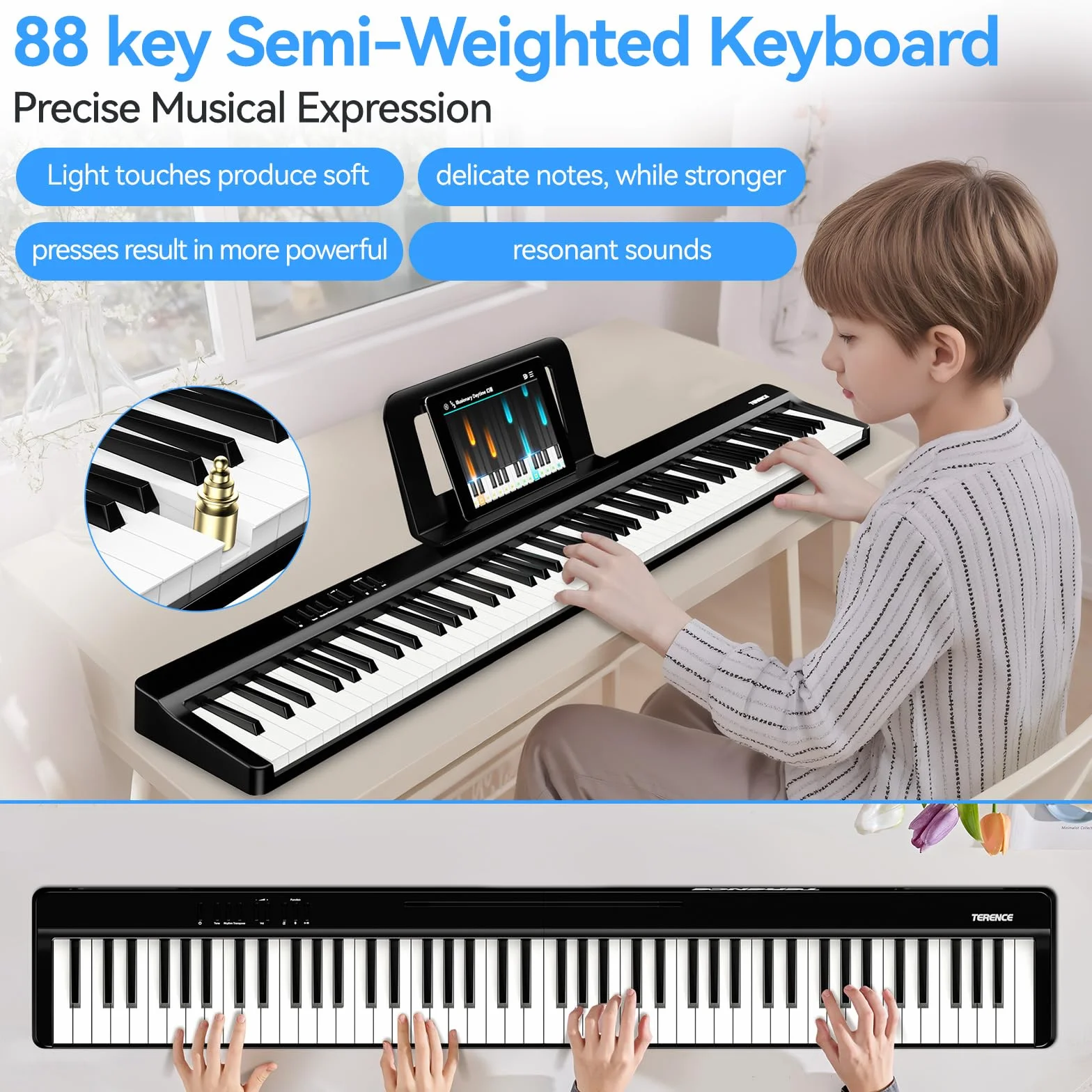 TERENCE Piano Numérique Portable 88 Touches Semi-lesté avec Support Z