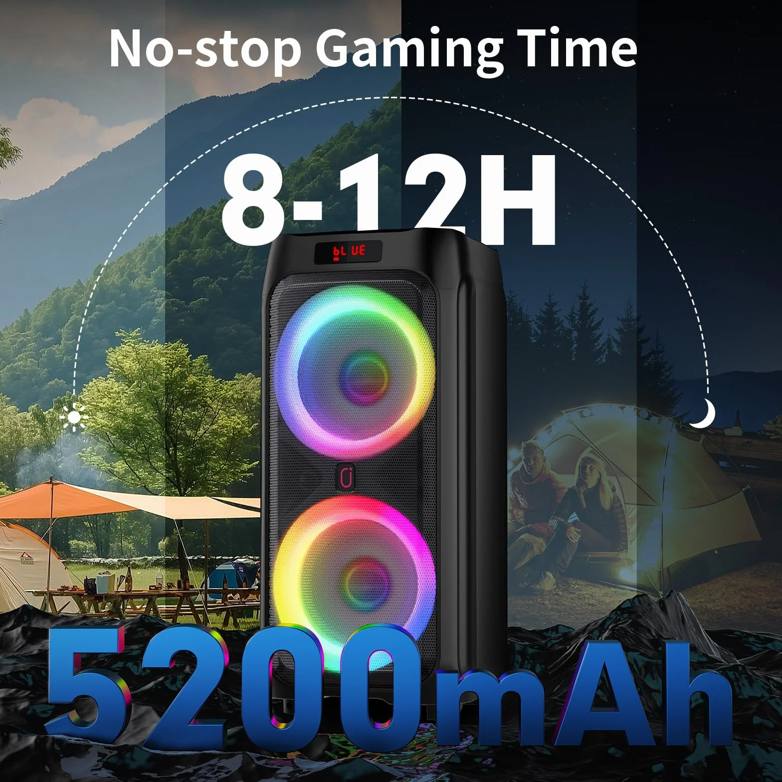 Enceinte Bluetooth 5.3 500W avec Subwoofer 8" et 2 Micros sans Fil, Système PA avec Lumières DJ pour Fêtes