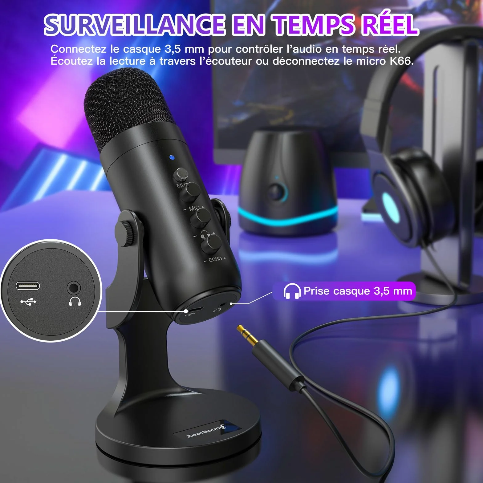 ZealSound Micro Podcast USB à Condensateur - Réduction du Bruit pour PC, Gaming, Streaming, Enregistrement