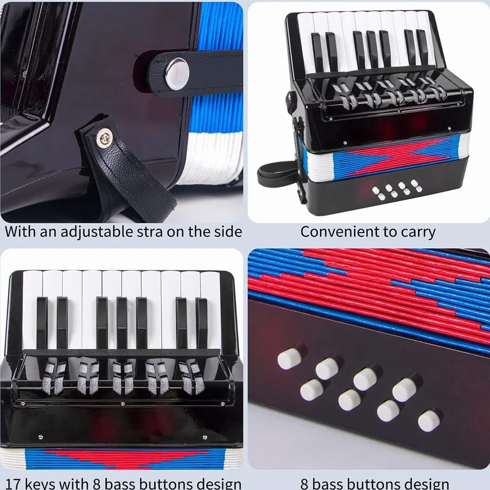 Accordéon Piano 17 Touches 8 Basses Instrument de Musique Enfant Débutants