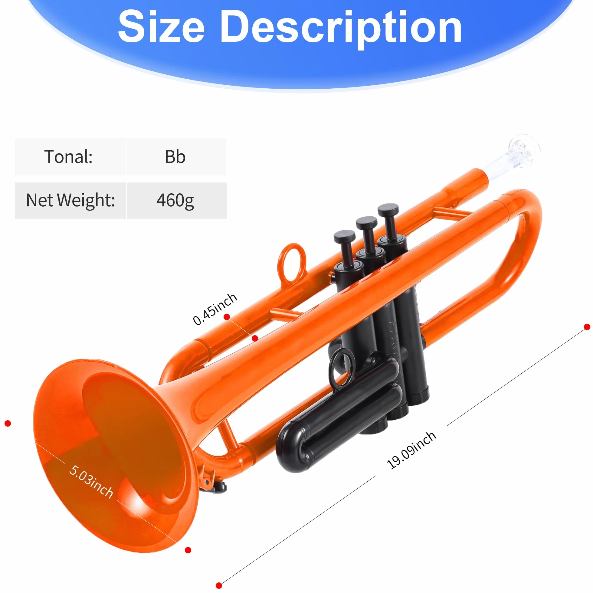 PAMPET Trompette en si bémol professionnelle plastique pour étudiant débutant avec embouchure 7C et 3C Orange