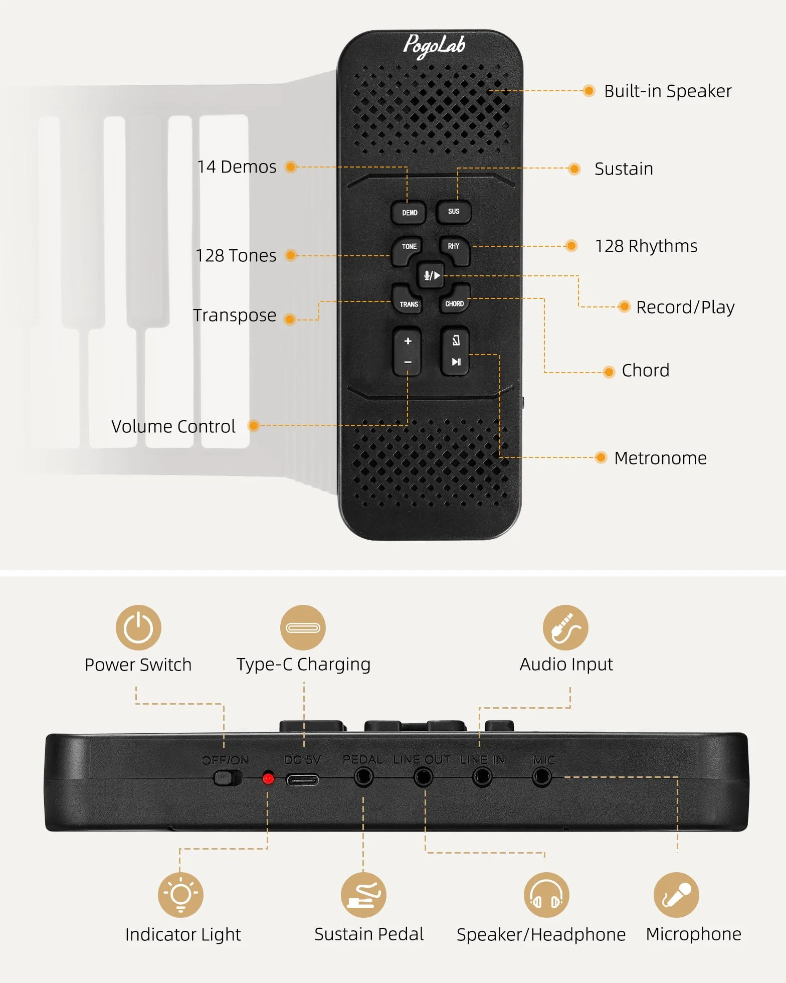 POGOLAB Clavier Piano 88 Touches Enroulable - Portable avec Bluetooth, 128 Tonalités, 128 Rythmes, Pédale