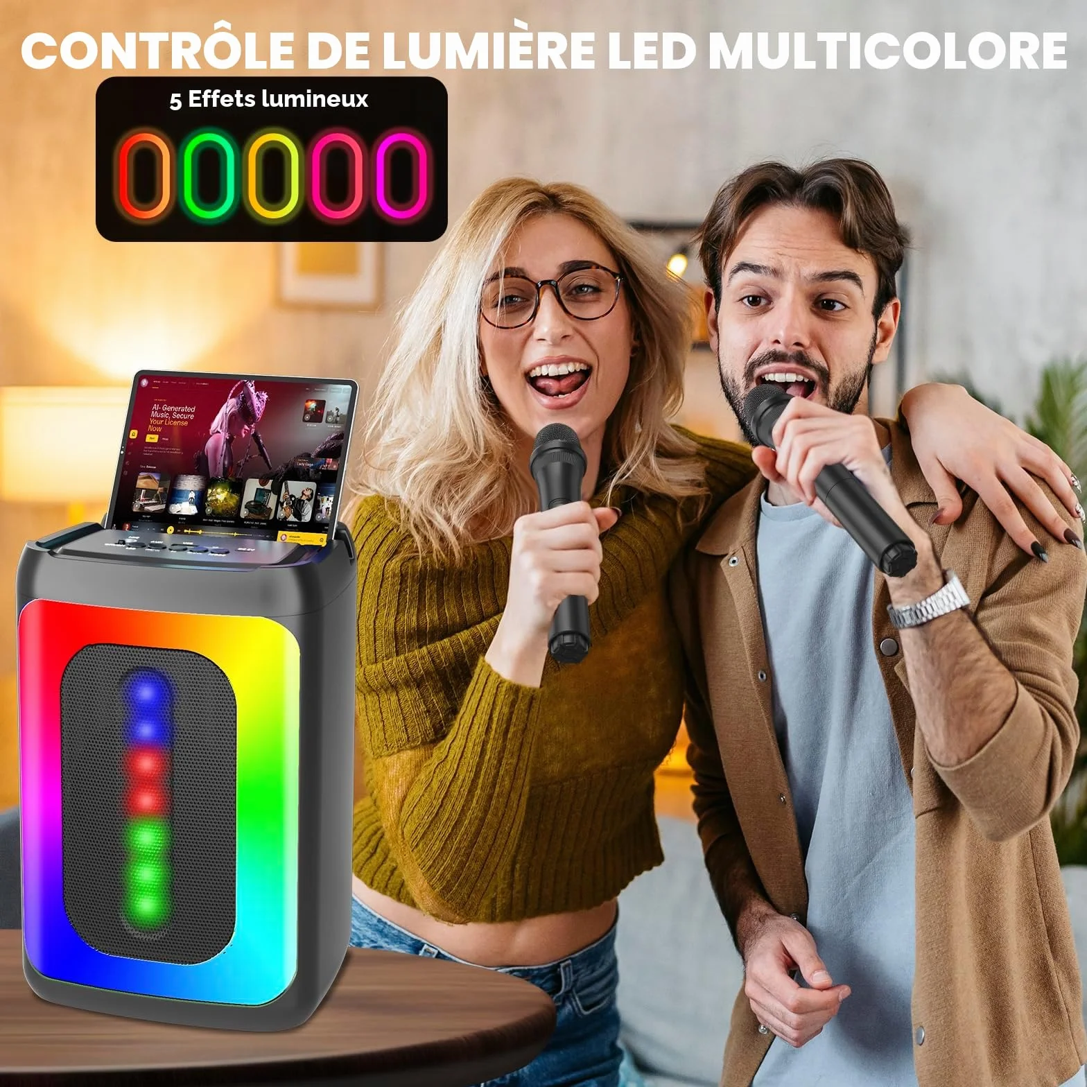 Ankuka Enceinte Bluetooth Karaoké Portable avec 2 Microphones, Lumières LED, TF/USB, FM, Aux, TWS, Noir