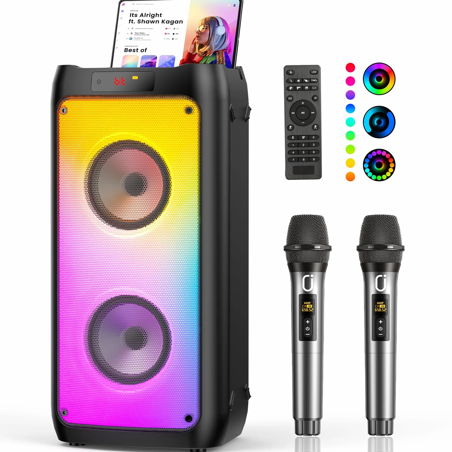 Enceinte Karaoké Bluetooth 5.3 150W avec 2 Micros sans Fil, Support Tablette et Lumière RVB, Noir