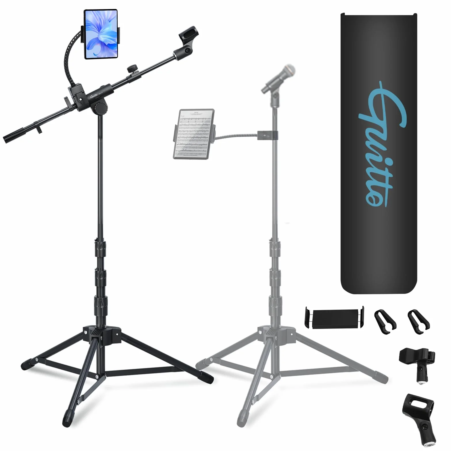 GUITTO Support de micro sur pied avec bras réglable, base robuste, double montage pour streaming, podcast, enregistrement (GMS-04)
