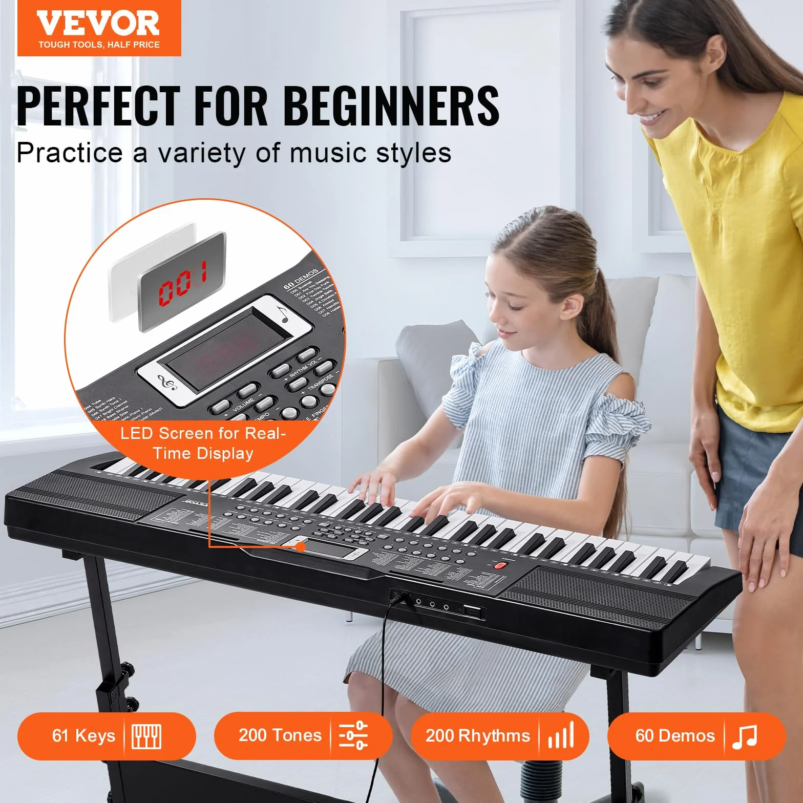 VEVOR Clavier Piano Numérique 61 Touches Portable 200 Tons 200 Rythmes Haut-parleurs Intégrés