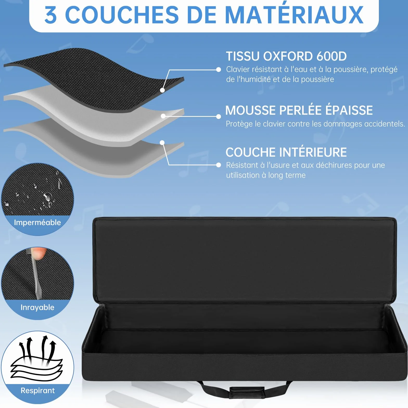 OUUTMEE Housse pour Clavier 88 Touches, Sac de Transport en Tissu Oxford 600D 10MM Rembourré Noir