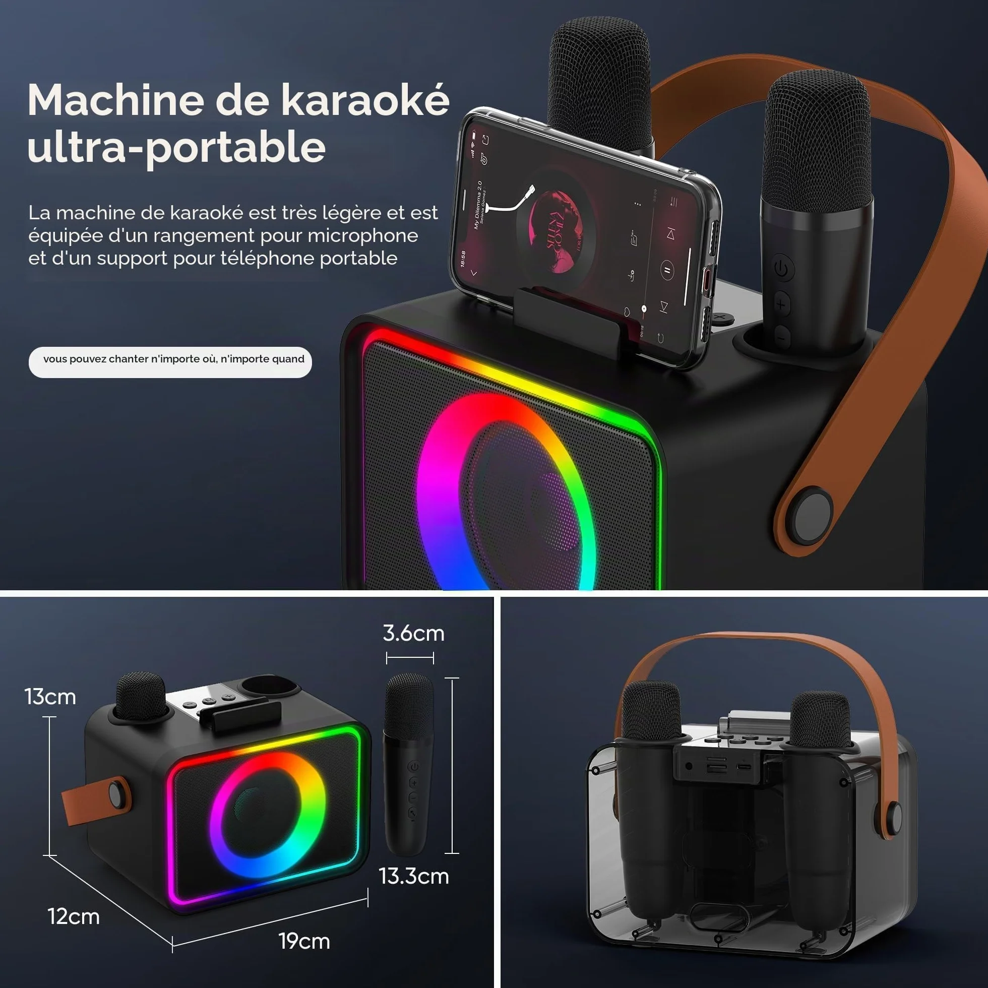 Machine de karaoké Bluetooth portable avec 2 microphones et lumières Disco