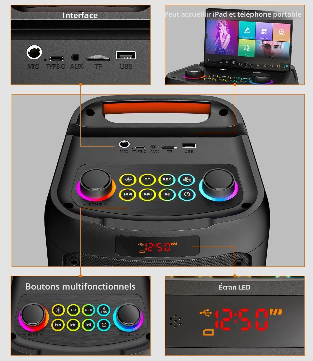 Machine de karaoké Bluetooth Professionnel avec 2 Microphones, Lumières LED, Support USB/TF/AUX/MIC/TWS