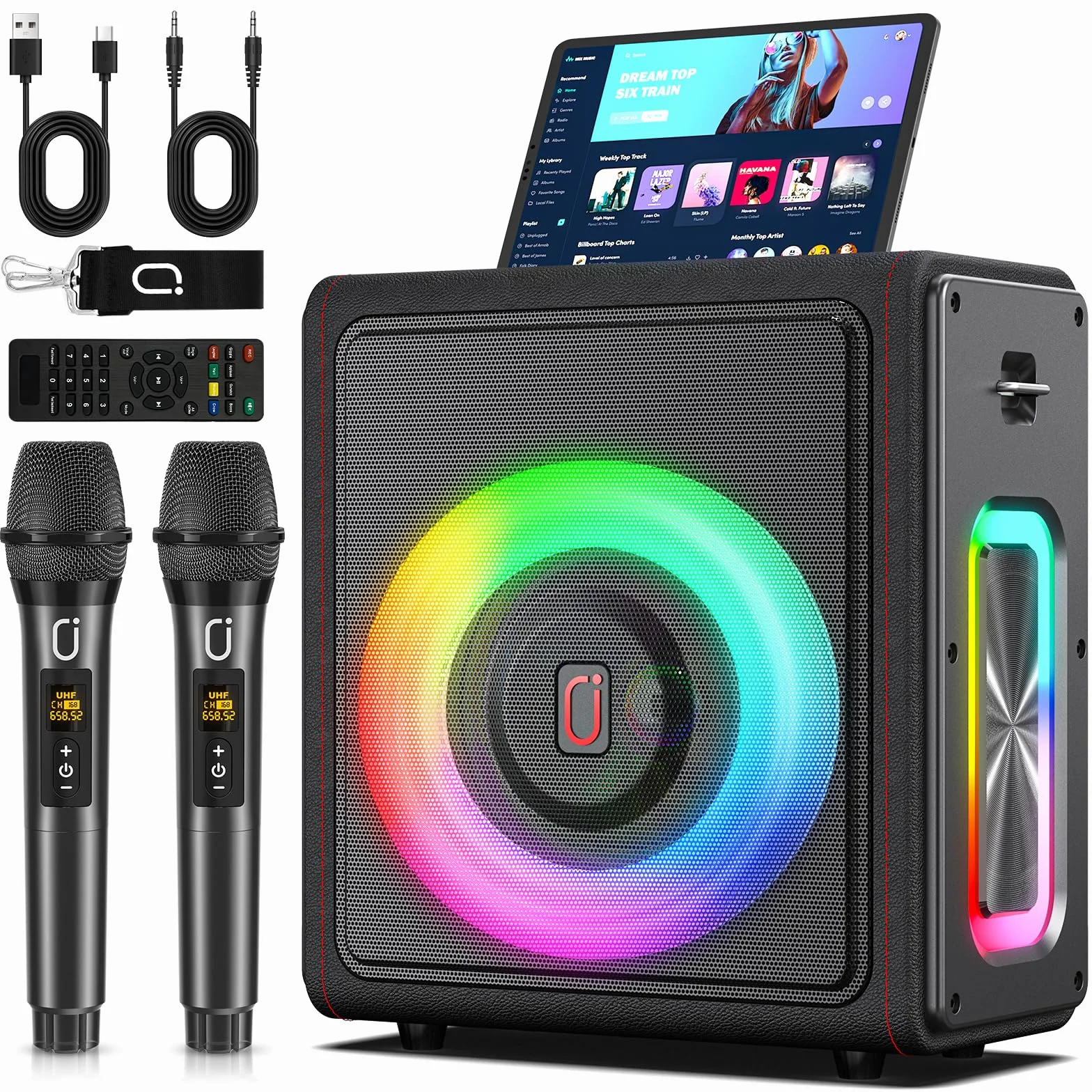 Enceinte karaoké Bluetooth 5.3 Portable 120W avec 2 Micros sans Fil, Système PA avec Correction de Tonalité & Réglage d'Écho