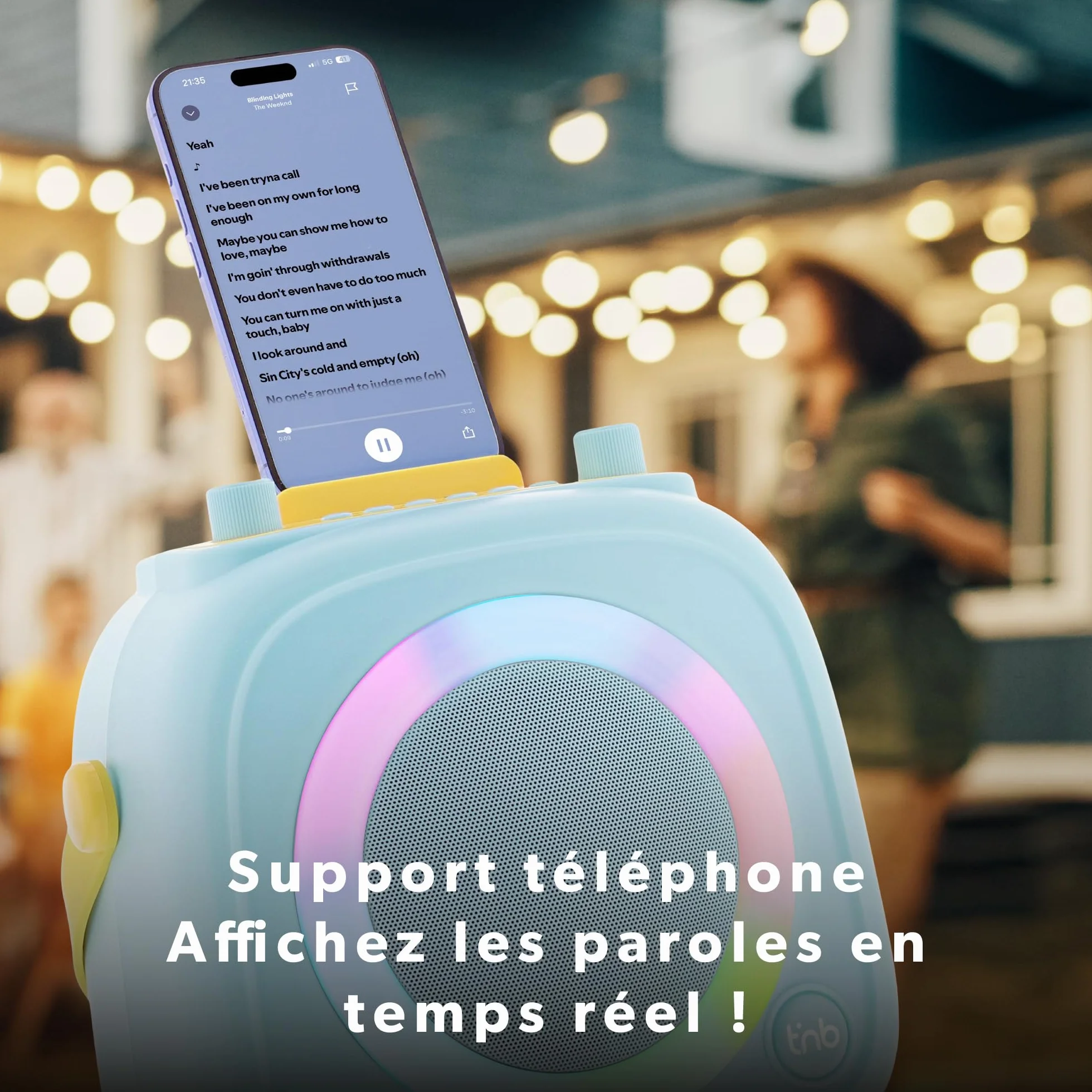 T'nB Enceinte Bluetooth Karaoke 2 Microphones sans Fil 5 Effets Vocaux RGB USB Jack 3,5 mm Portable Bleu