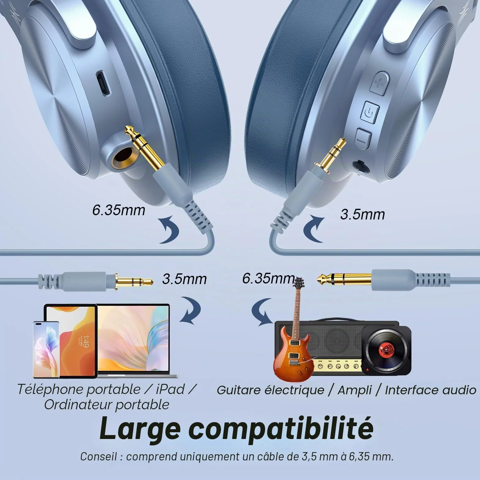 OneOdio A70 Casque Audio Bluetooth Sans Fil 72H, Casque Diadème Fermé avec Port Partagé, Écouteurs 3,5 mm pour DJ, Piano, Guitare, Enregistrement, Bleu Ciel