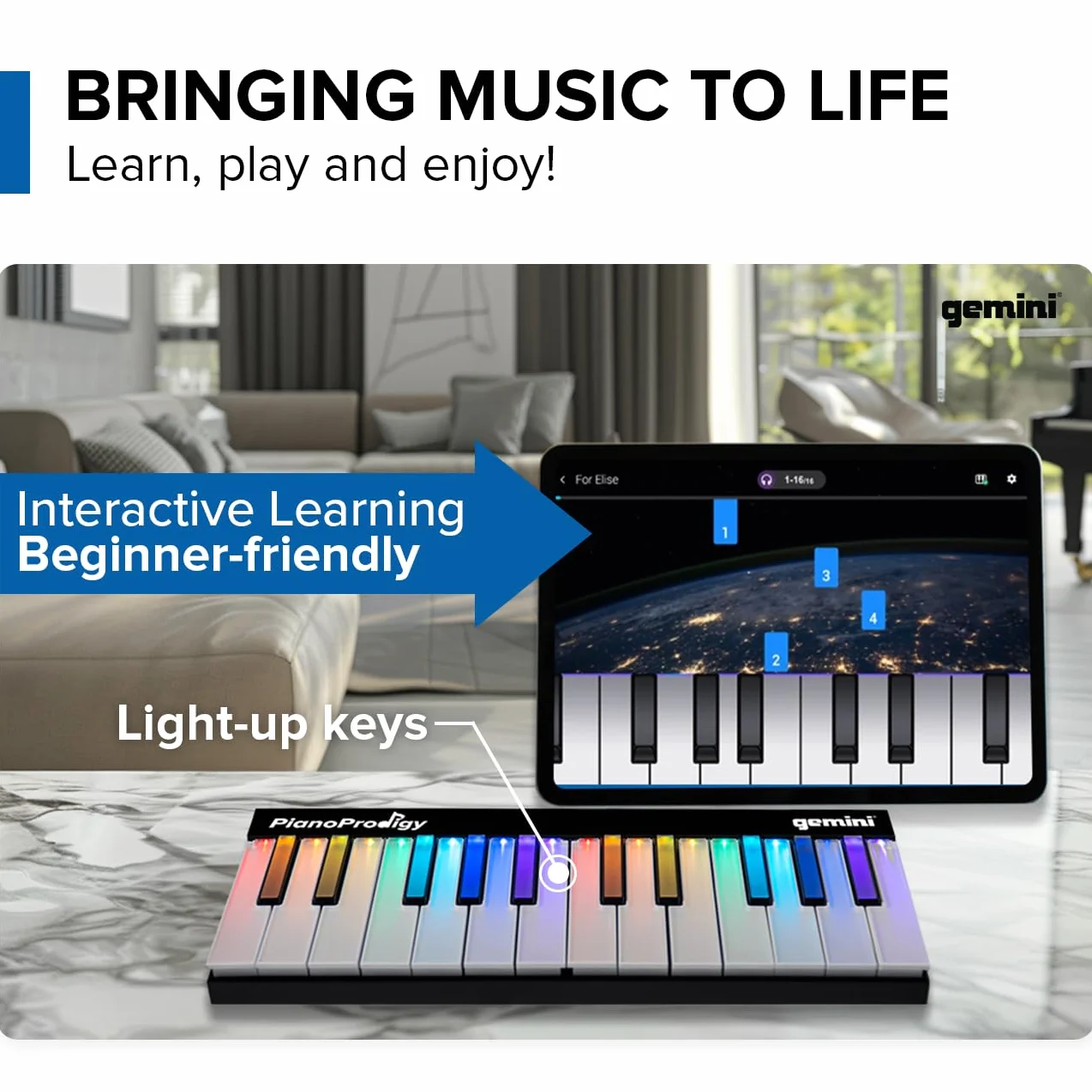 Gemini Sound PianoProdigy Clavier 24 touches Bluetooth éclairé portable MIDI contrôleur sans fil iOS Android