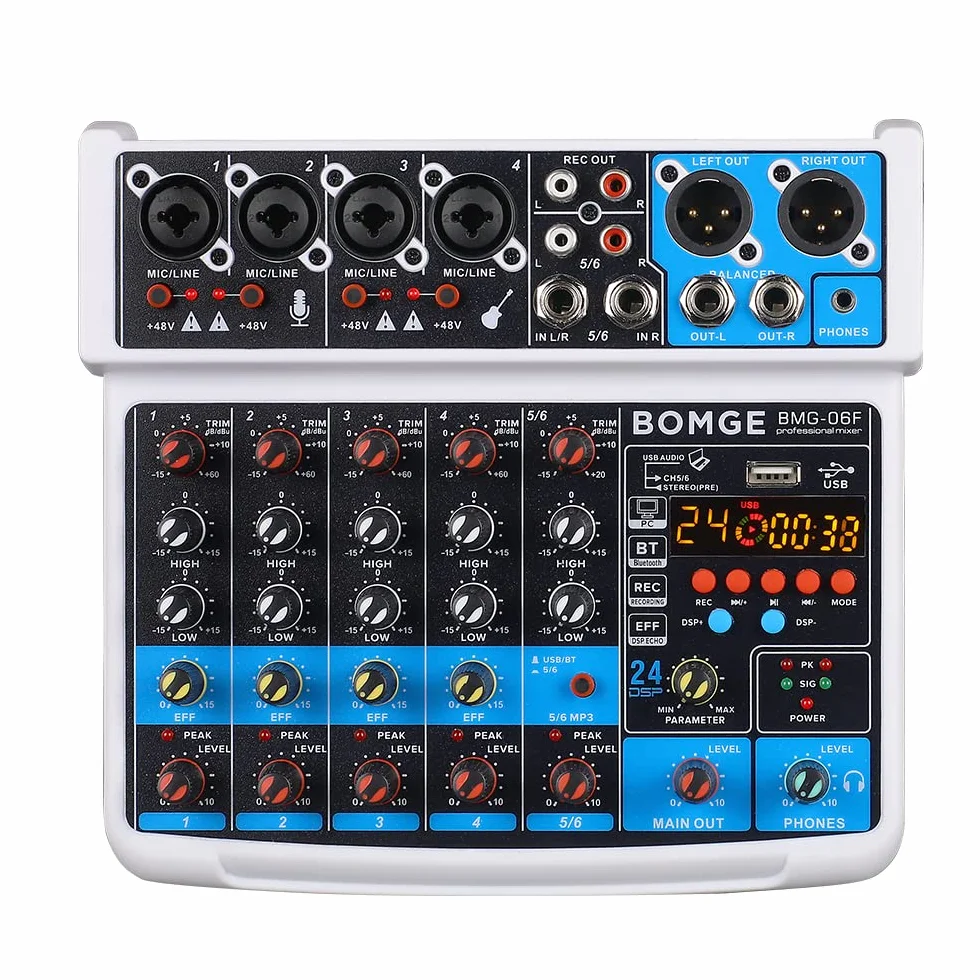 BOMGE Mini console de mixage audio DJ 6 canaux avec interface USB Bluetooth 48V 24 effets DSP