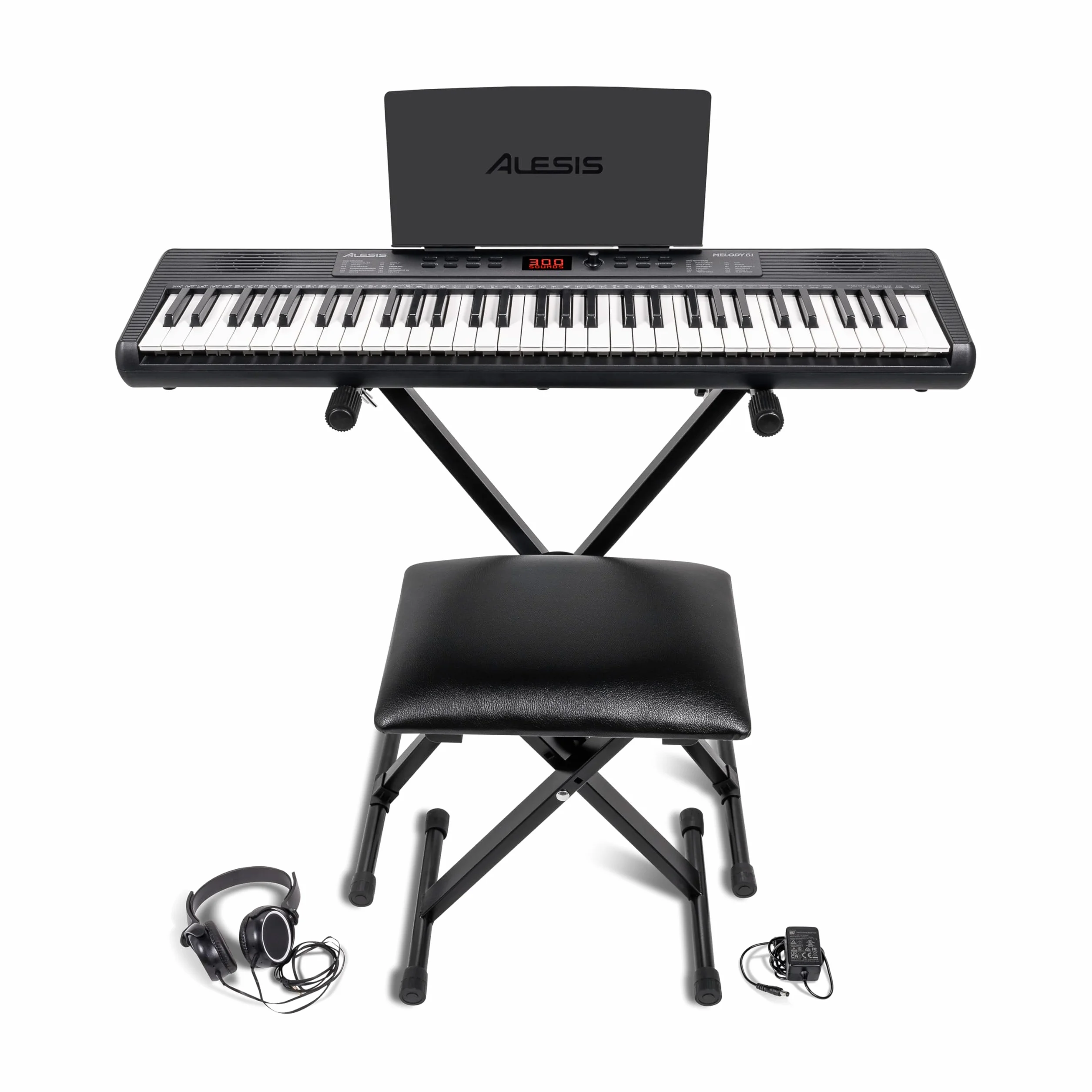 Alesis Melody 61 Piano Numérique 61 Touches pour Débutants avec Haut-Parleurs, Support, Banc, Casque, Pupitre, 300 Sons