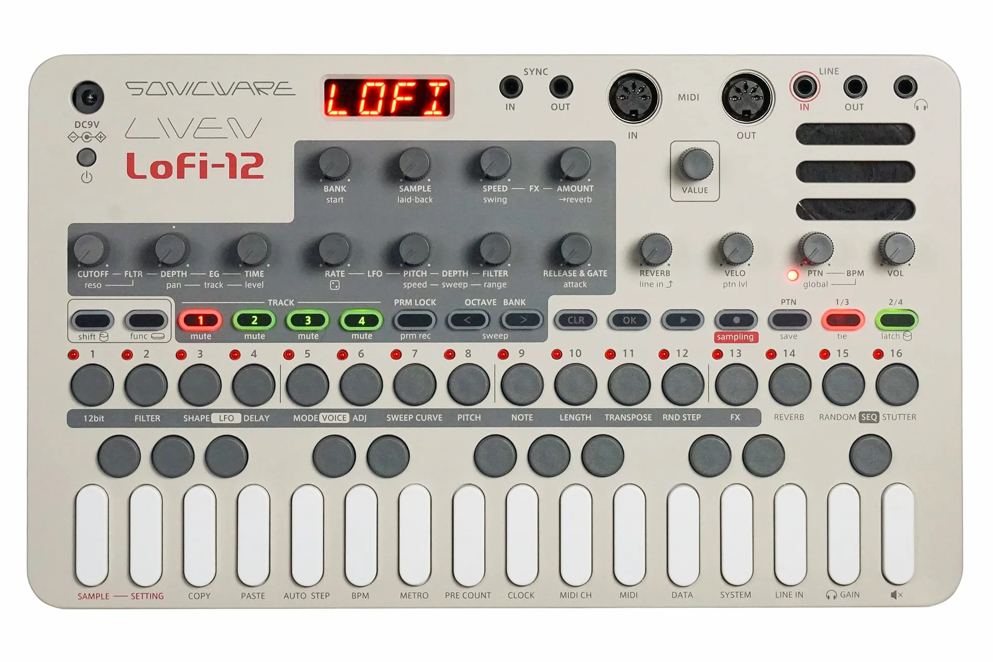 Sonicware LIVEN Lofi-12 Groovebox Sampler 12bit échantillonnage rétro séquenceur pas à pas 4 pistes 10 voix 12 effets