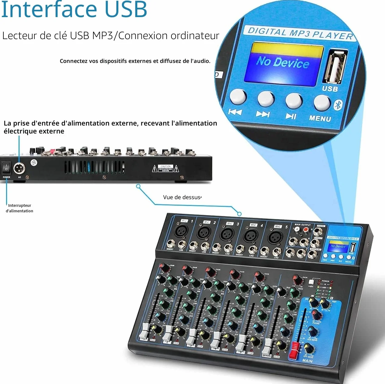 Depusheng HT7 Table de mixage audio Bluetooth portable 7 canaux USB MP3 48V