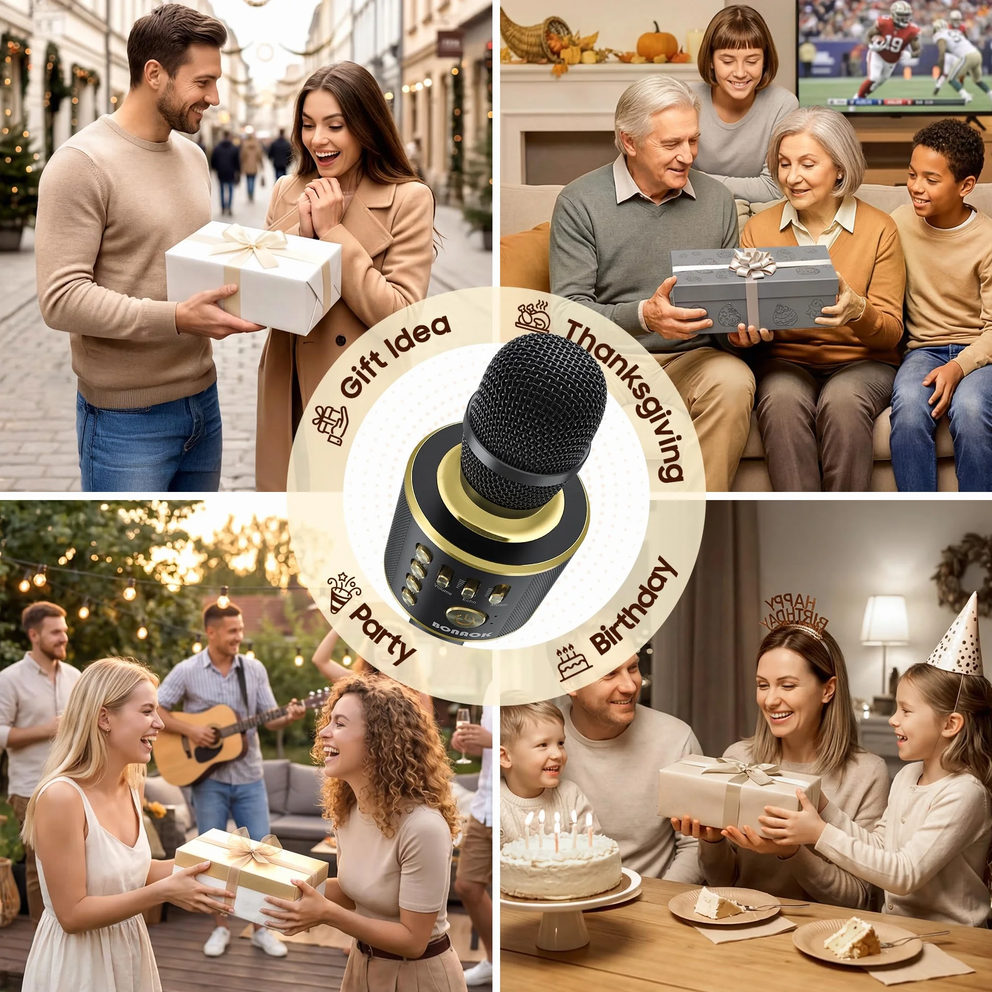 BONAOK Microphone sans Fil Karaoké Bluetooth Lecteur Enregistreur Mini Noir