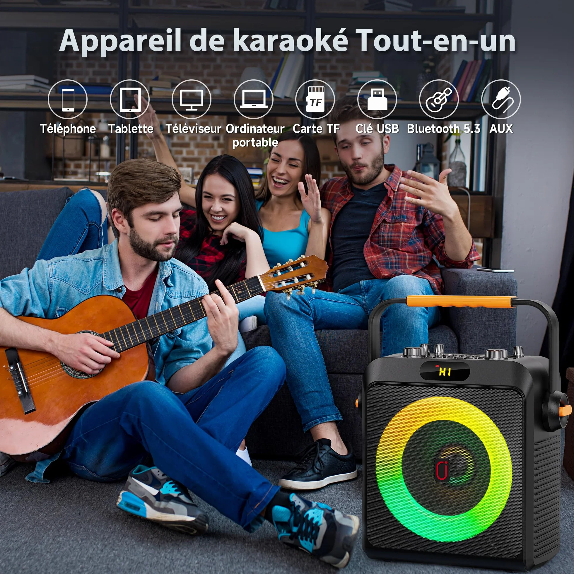 Machine de Karaoké Professionnel 80W avec 2 Microphones sans Fil, TWS Stéréo, 4 Mode Égaliseur Intégré, Support REC/AUX/USB/TF
