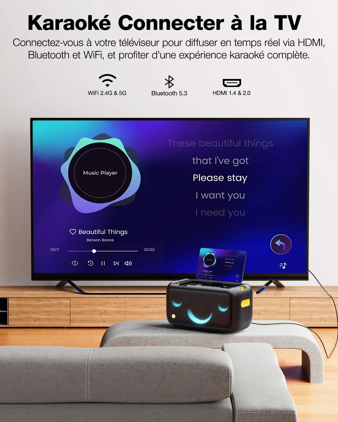 Ikarao Break X1 Machine de Karaoké avec Écran Tactile 13,3", Enceinte Bluetooth 800W, 2 Micros sans Fil et Éclairage LED