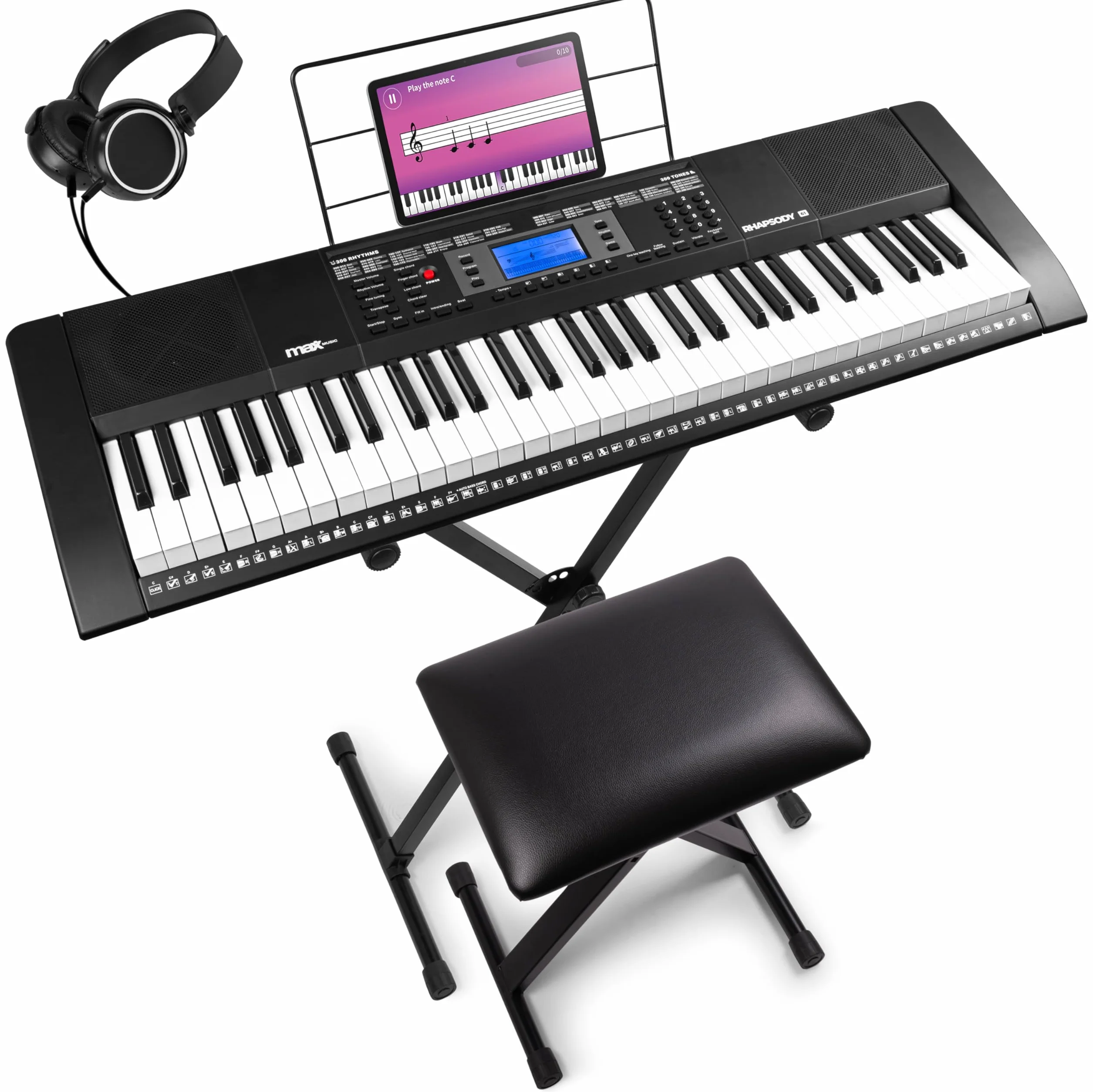 Max Rhapsody61 Clavier Électronique 61 Touches Pack Complet avec Casque Audio Stand Micro Banc Synthétiseur Débutant Deux Haut-parleurs Intégrés