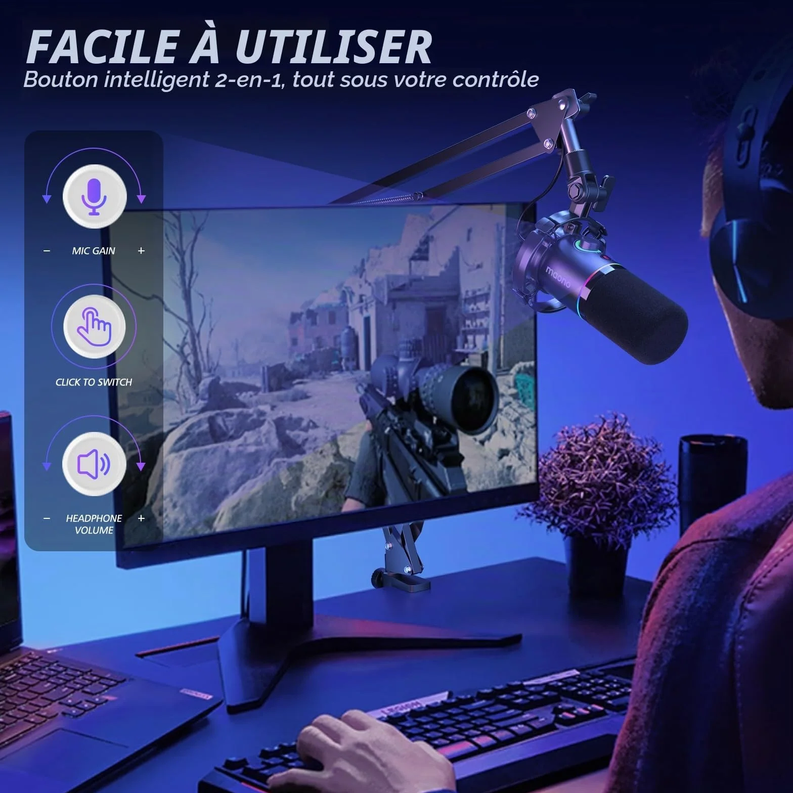 MAONO PD200XS Micro Kit XLR-USB Dynamique pour Streaming Gaming Podcast Enregistrement Noir